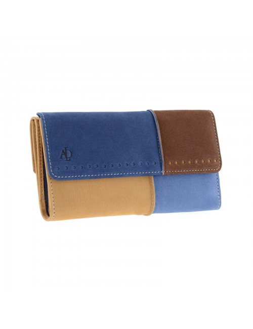 Large woman's leather wallet multicolor RFID azul