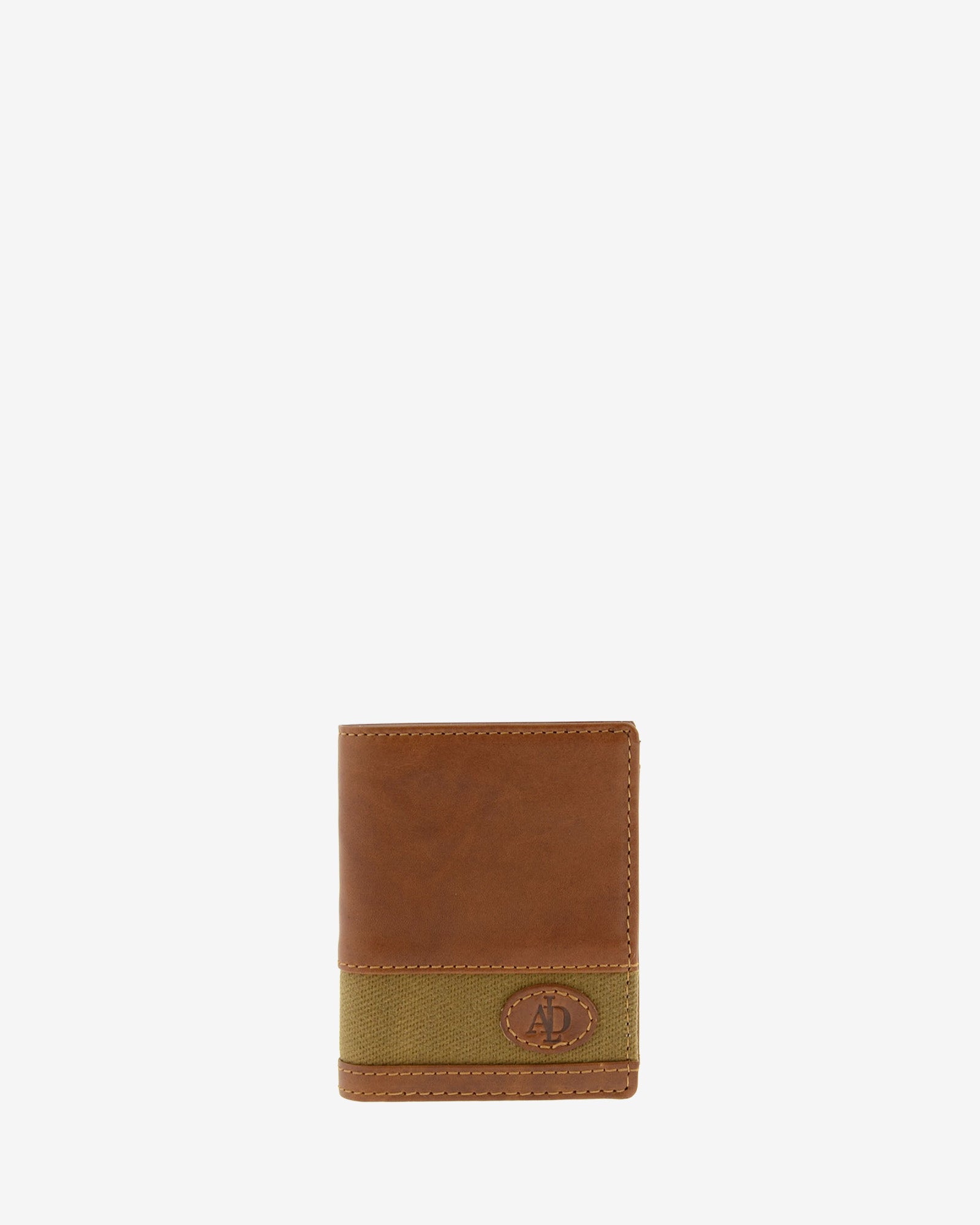 Cartera de piel cuero con franja de canvas y logo Adapell, vista frontal, referencia 1618-6
