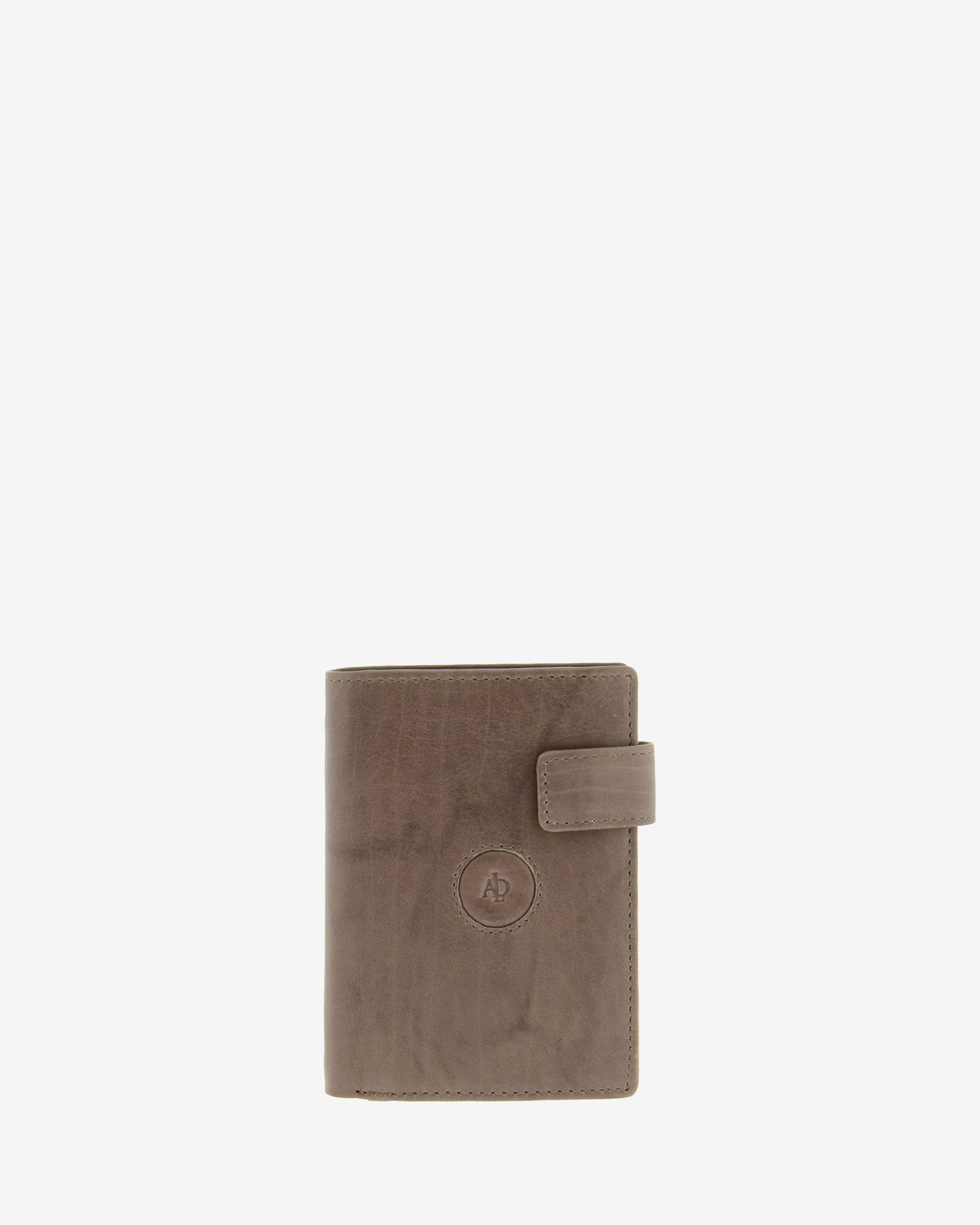 Cartera de hombre de piel de vacuno natural en color gris, vista frontal plana mostrando cierre de botón y diseño, referencia 1590-11