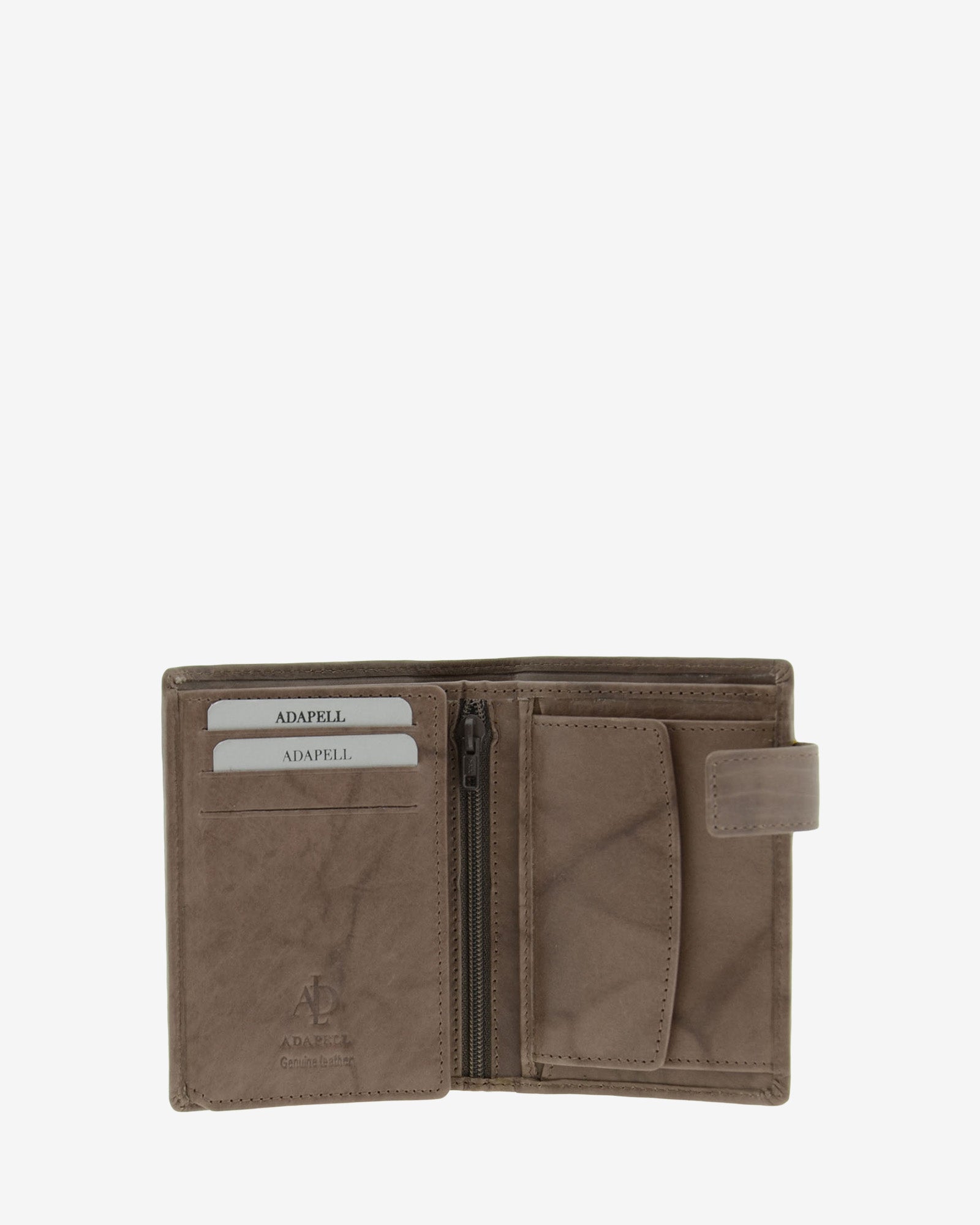 Cartera de hombre de piel de vacuno natural en color gris, vista interior mostrando compartimentos para tarjetas, billetes, monedero interior y cremallera, referencia 1590-11