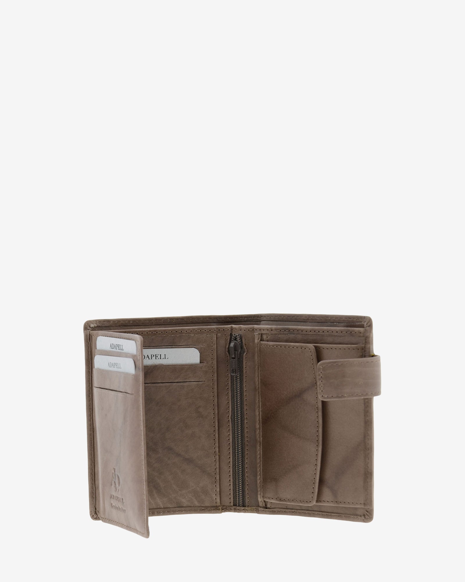 Cartera de hombre de piel de vacuno natural en color gris, vista interior abierta mostrando compartimentos para tarjetas, billetes, monedero interior y cremallera, referencia 1590-11