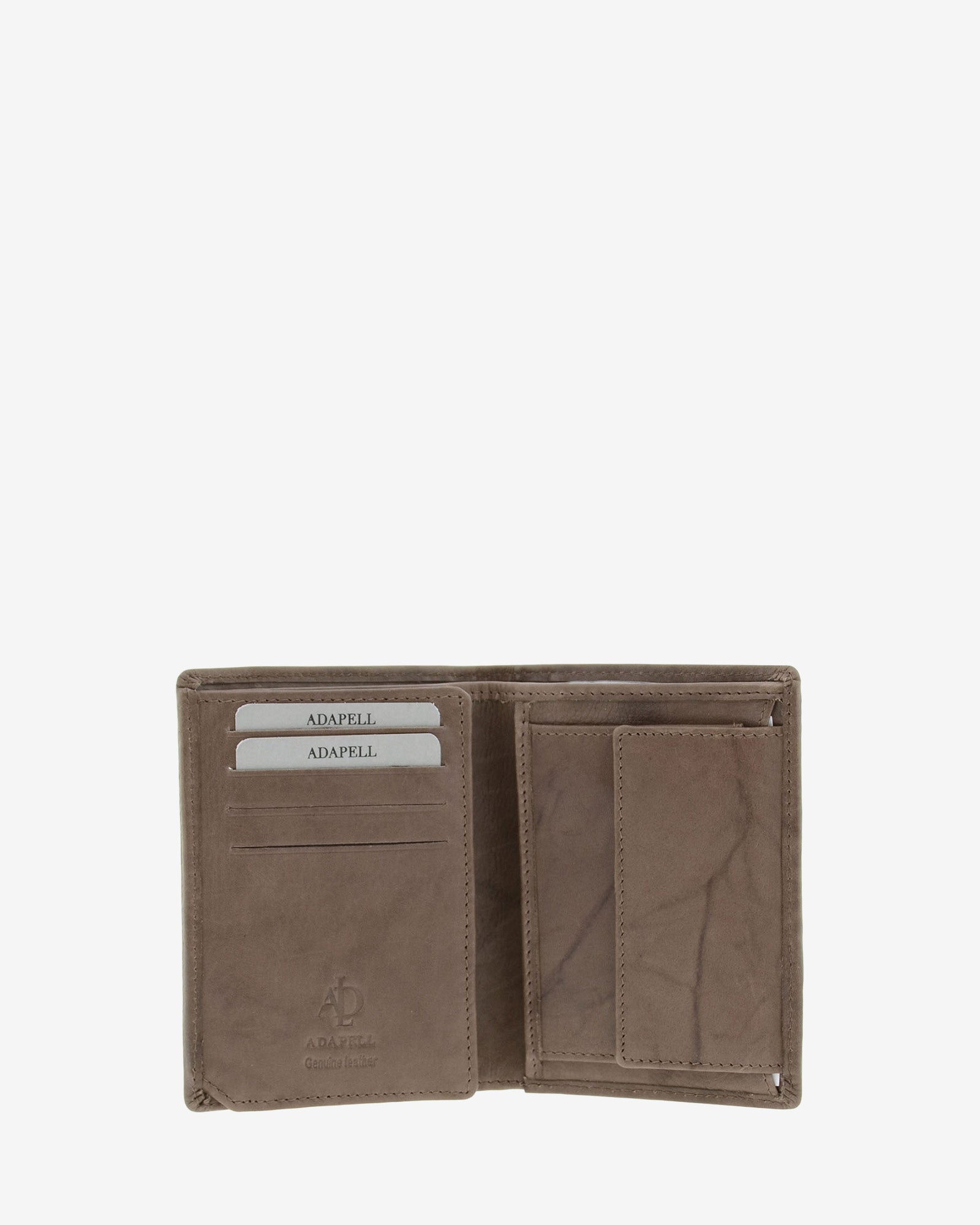 Cartera de hombre de piel de vacuno natural en color gris, vista interior mostrando compartimentos para tarjetas, billetes y monedero interior, referencia 1591-11