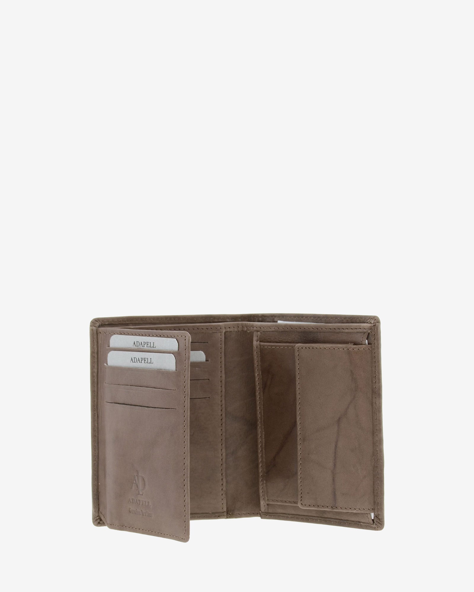 Cartera de hombre de piel de vacuno natural en color gris, vista interior abierta  mostrando compartimentos para tarjetas, billetes y monedero interior, referencia 1591-11