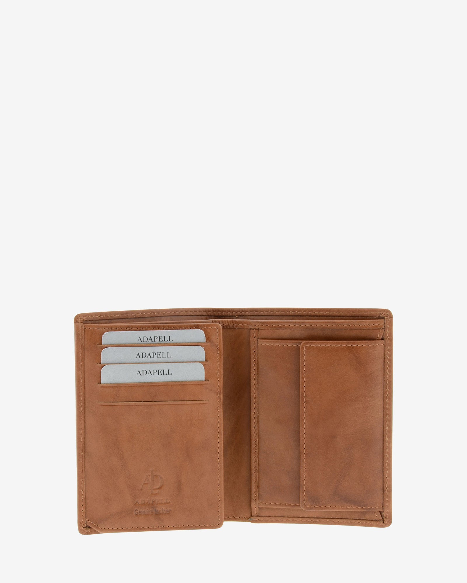 Cartera de hombre de piel de vacuno natural en color cuero, vista interior mostrando compartimentos para tarjetas, billetes y monedero interior, referencia 1591-6