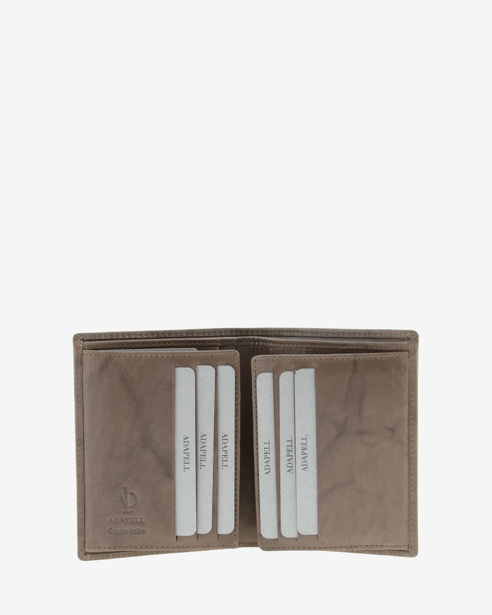 Cartera de hombre de piel de vacuno natural en color gris, vista interior mostrando compartimentos para tarjetas y billetes, referencia 1592-11