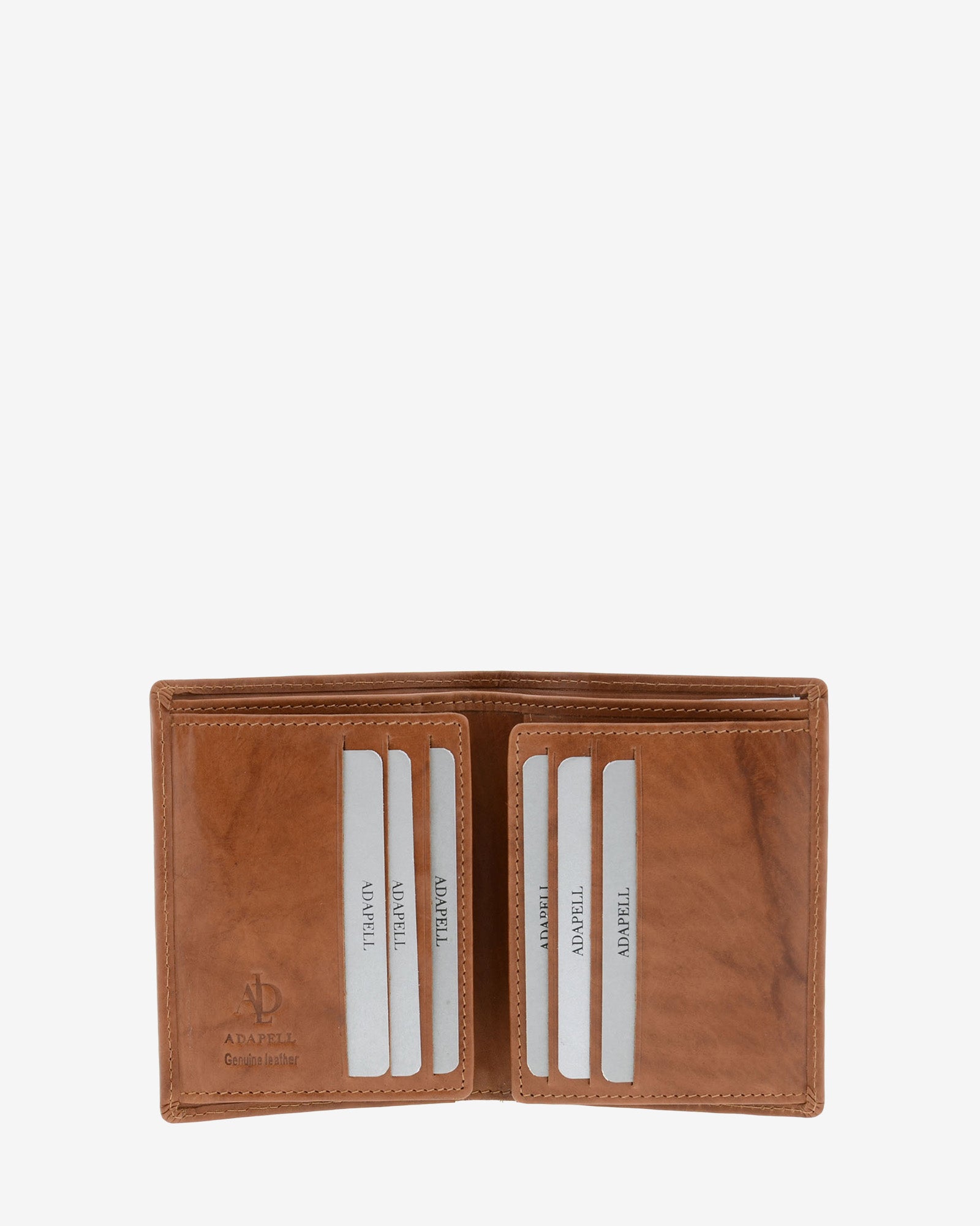 Cartera de hombre de piel de vacuno natural en color cuero, vista interior mostrando compartimentos para tarjetas billetes, referencia 1592-6