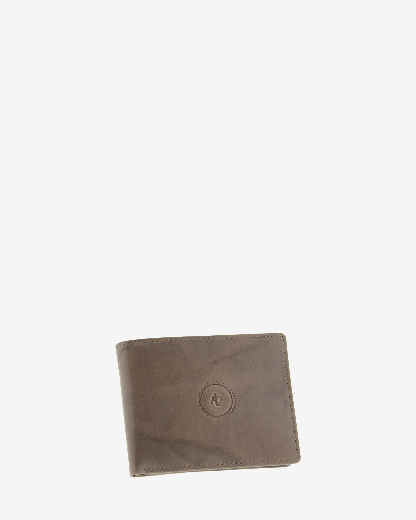 Cartera de hombre de piel de vacuno natural en color gris de formato horizontal,, vista frontal mostrando diseño y volumen, referencia 1593-11