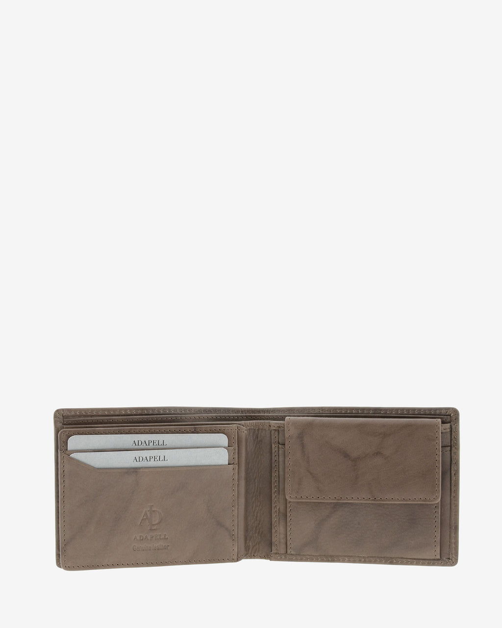 Cartera de hombre de piel de vacuno natural en color gris, de formato horizontal, vista interior mostrando compartimentos para tarjetas, billetes y monedero interior, referencia 1593-11