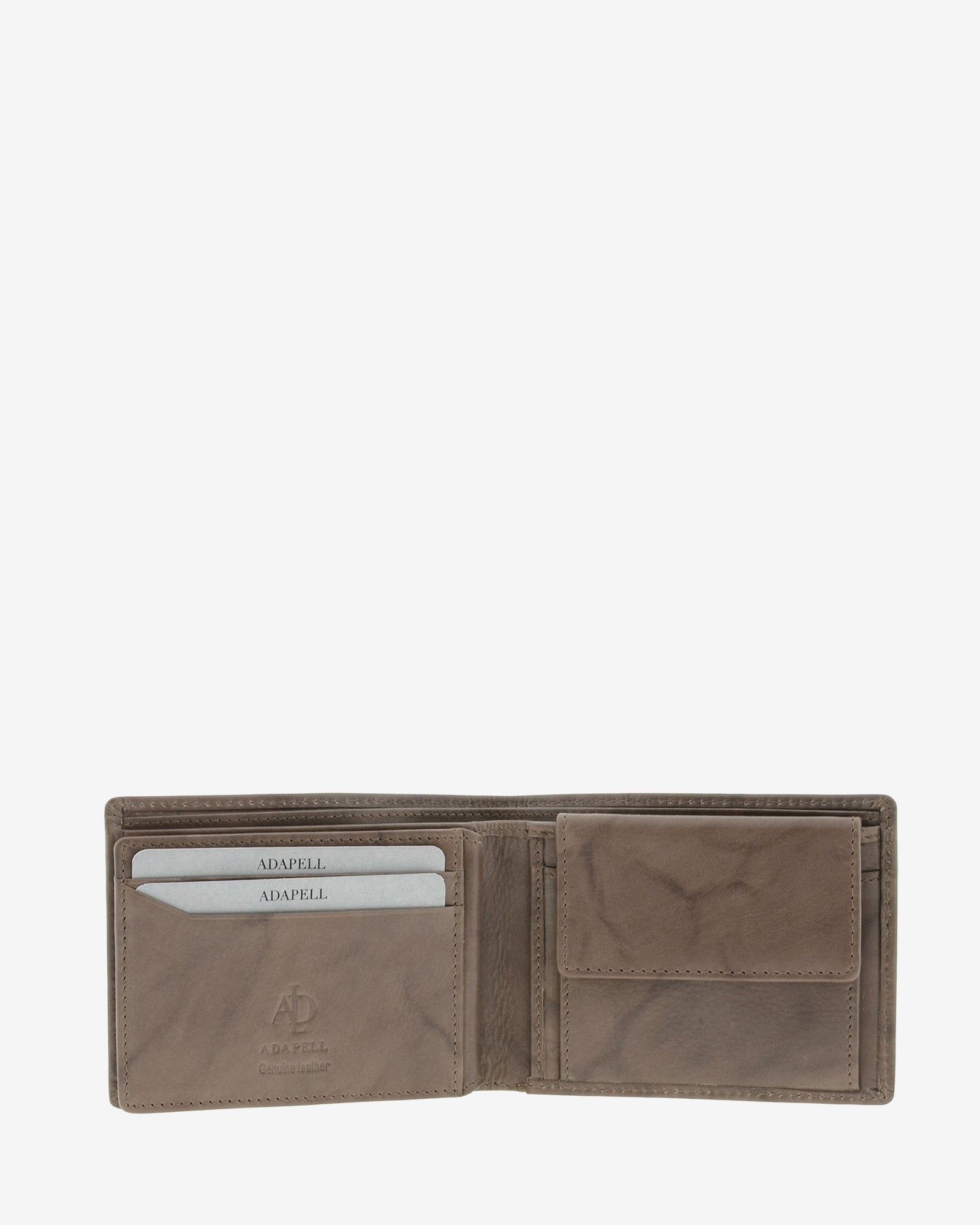 Cartera de hombre de piel de vacuno natural en color gris, de formato horizontal, vista interior mostrando compartimentos para tarjetas, billetes y monedero interior, referencia 1593-11