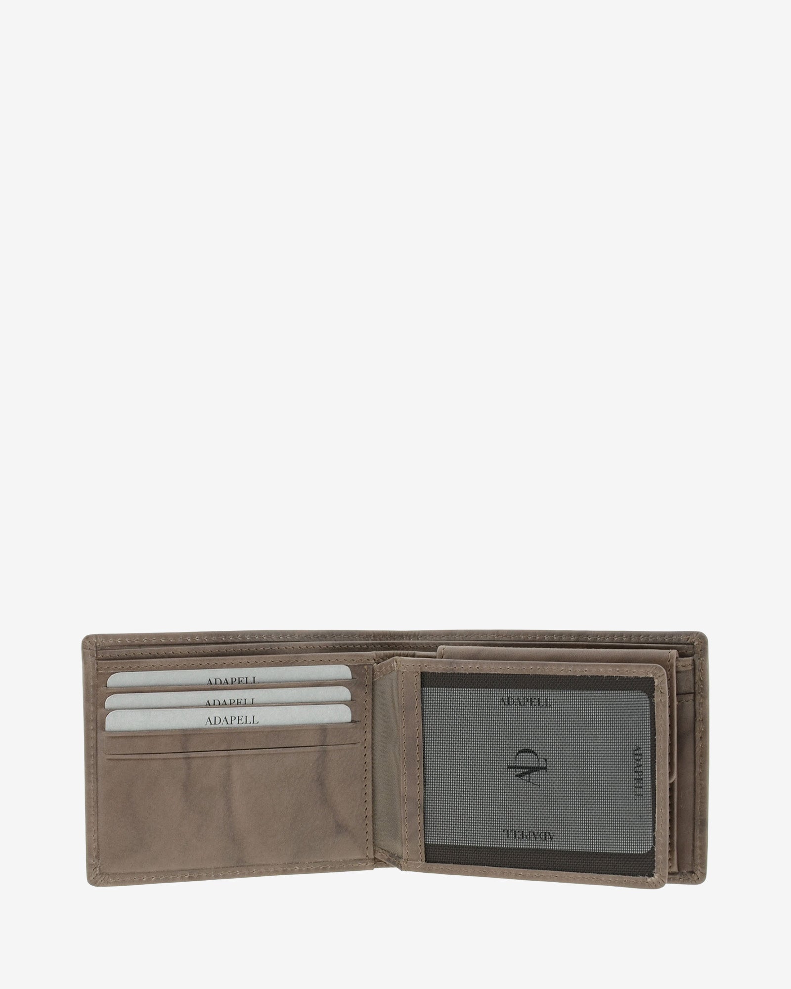 Cartera de hombre de piel de vacuno natural en color gris, de formato horizontal, vista interior mostrando compartimentos para tarjetas, billetes, referencia 1593-11