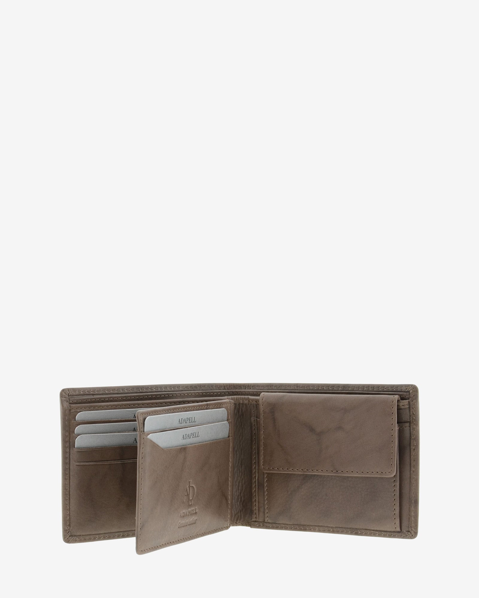 Cartera de hombre de piel de vacuno natural en color gris, de formato horizontal, vista interior mostrando compartimentos para tarjetas, billetes y monedero interior, referencia 1593-11