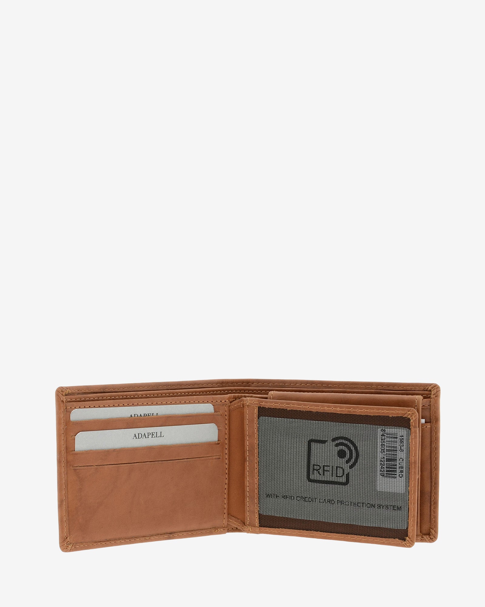 Cartera de hombre de piel de vacuno natural en color cuero, de formato horizontal, vista interior mostrando compartimentos para tarjetas, billetes, referencia 1593-6