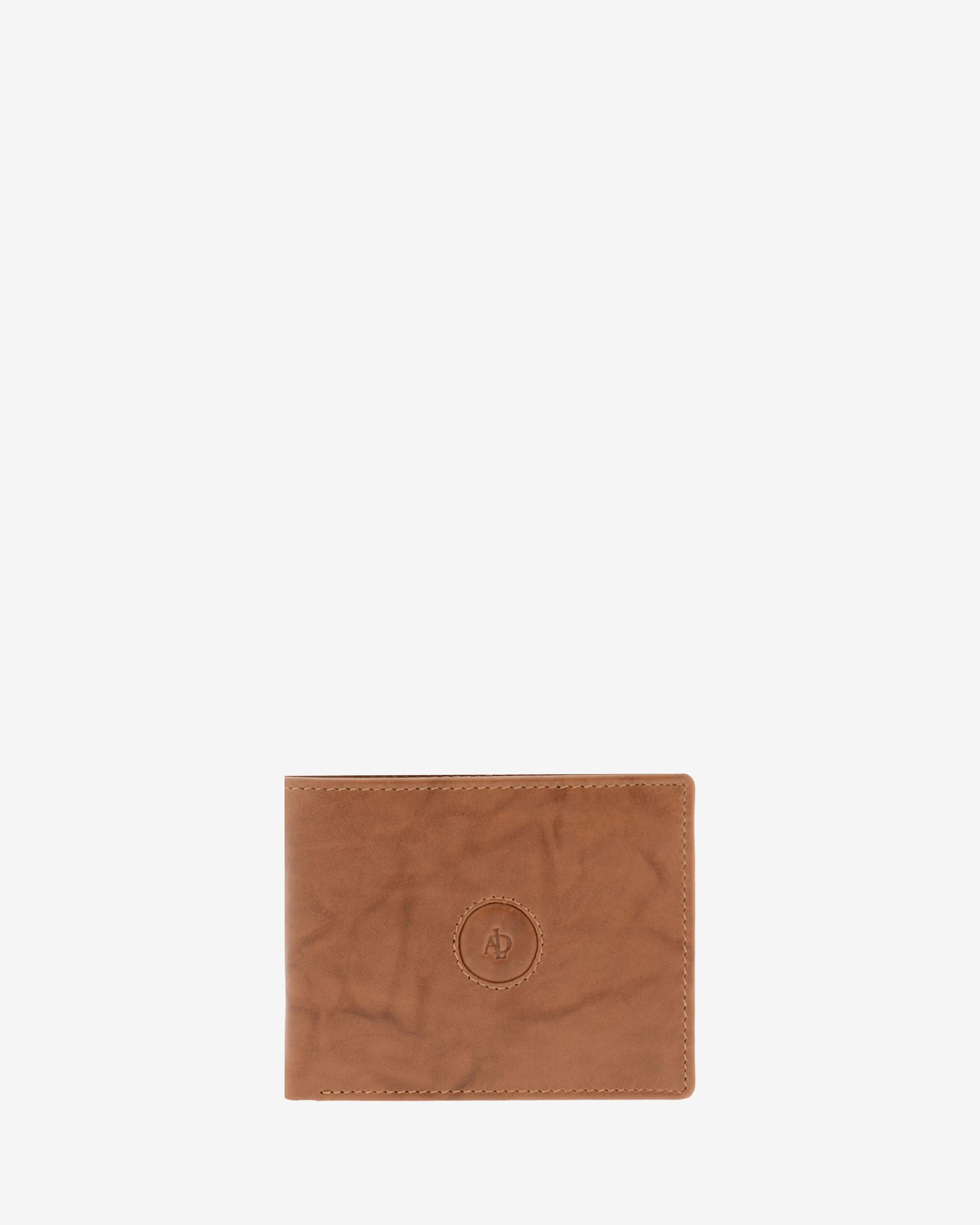 Cartera de hombre de piel de vacuno natural en color cuero, de formato horizontal, vista frontal plana, referencia 1593-6