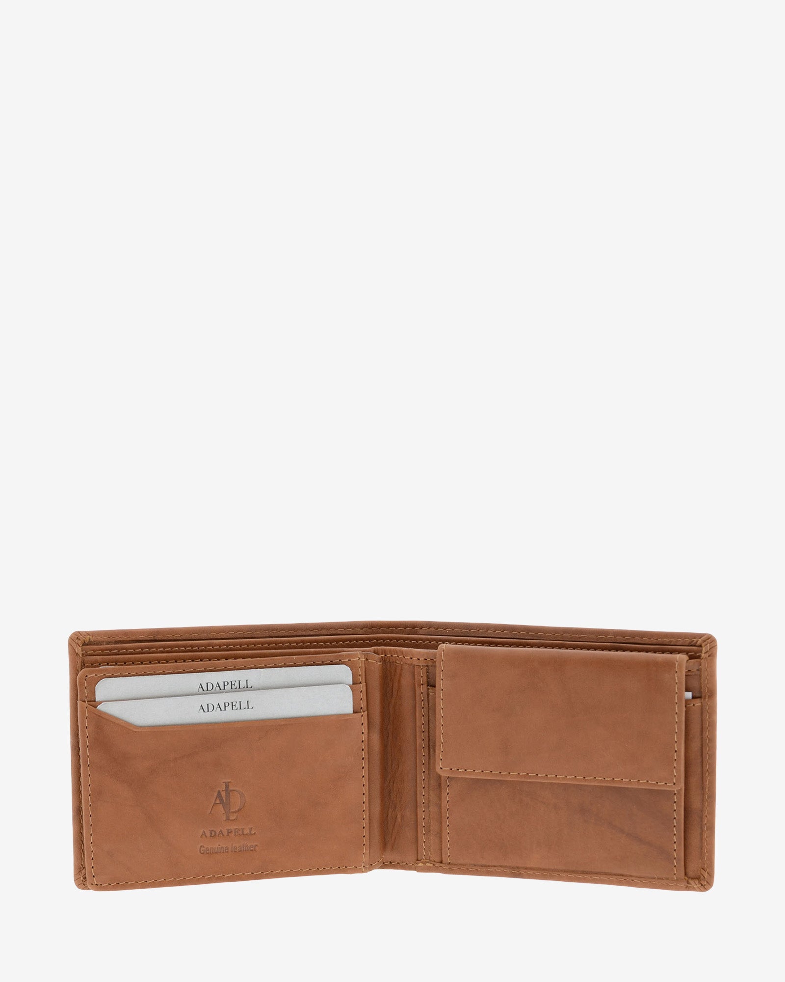 Cartera de hombre de piel de vacuno natural en color cuero, de formato horizontal, vista interior mostrando compartimentos para tarjetas, billetes y monedero interior, referencia 1593-6