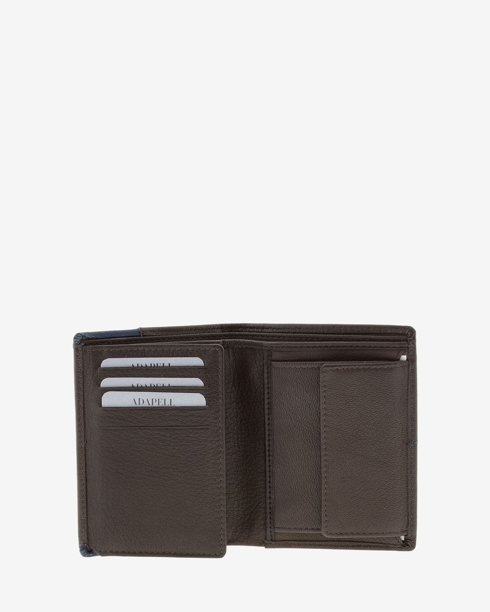 Cartera de hombre de piel genuina en color marrón, vista interior mostrando compartimentos para billetes, tarjetas y monedero,  referencia 1595-2