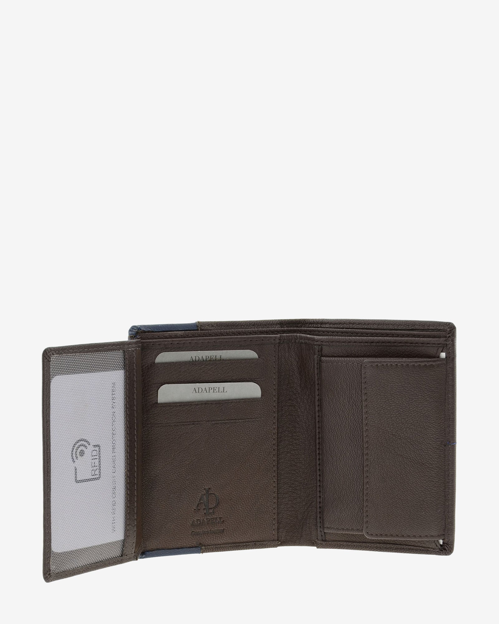 Cartera de hombre de piel genuina en color marrón, vista interior abierta mostrando compartimentos para billetes, tarjetas y monedero,  referencia 1595-2