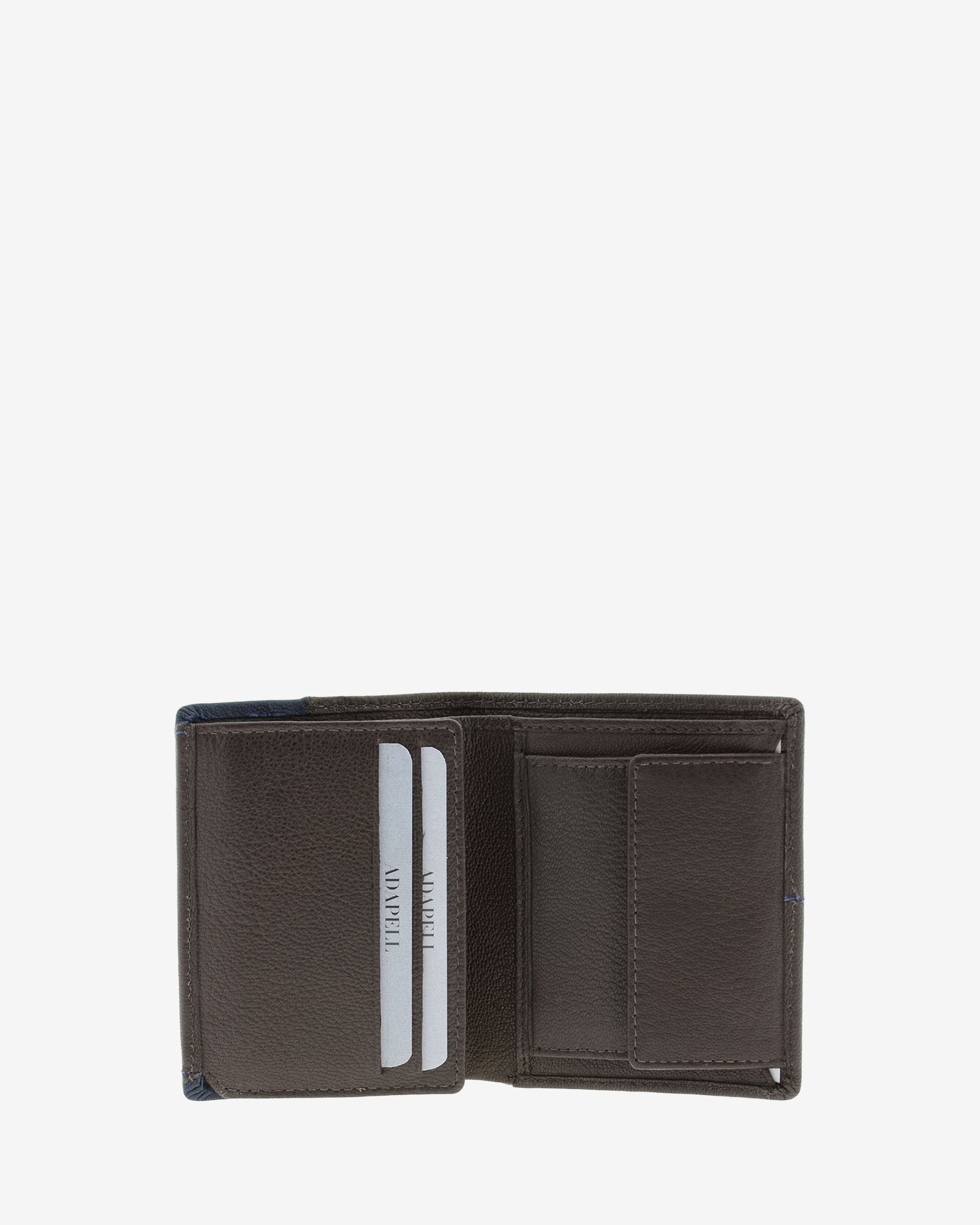 Cartera de hombre de piel genuina en color marrón, vista interior mostrando compartimentos para billetes, tarjetas y monedero, referencia 1596-2