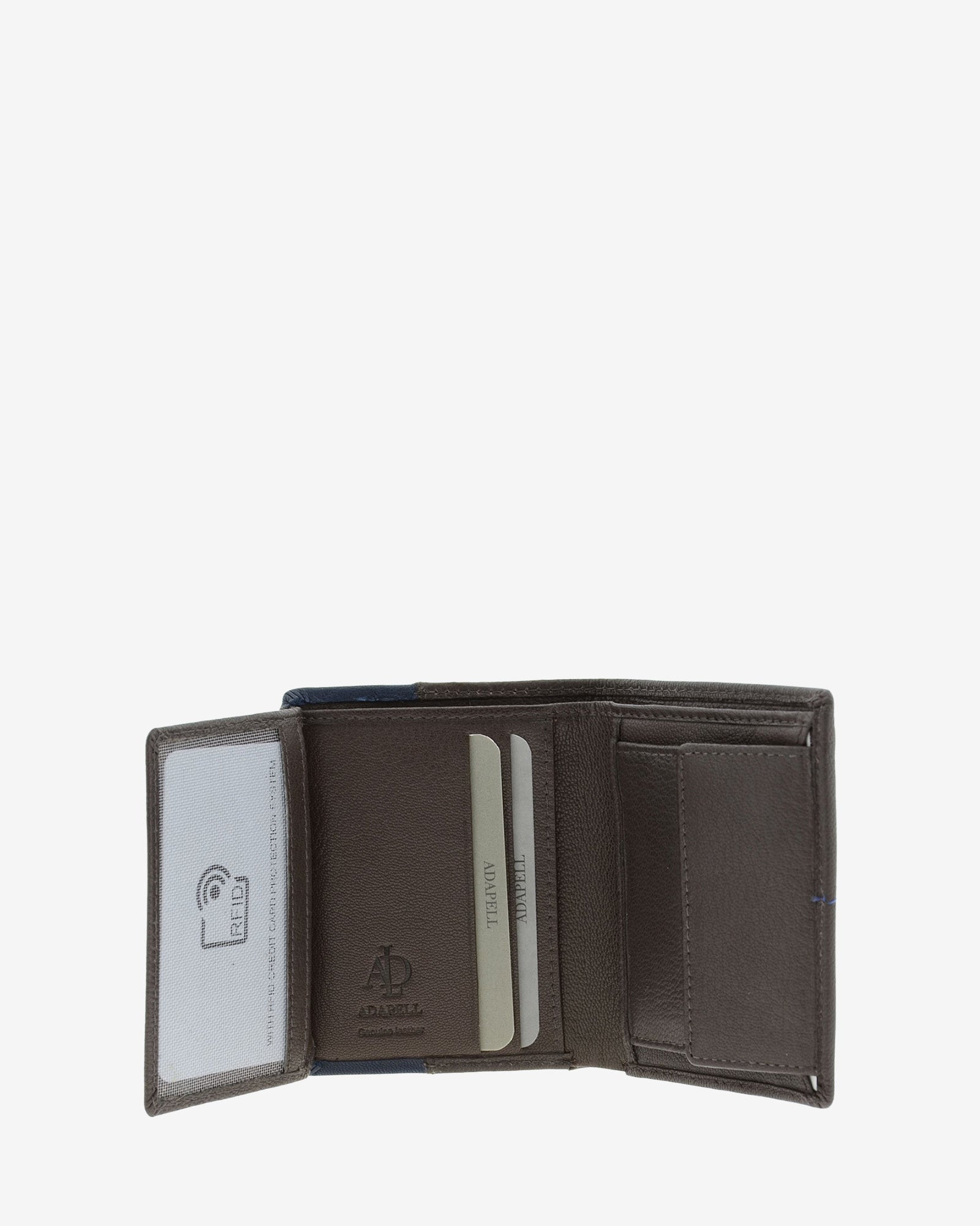Cartera de hombre de piel genuina en color marrón, vista interior abierta mostrando compartimentos para billetes, tarjetas y monedero, referencia 1596-2