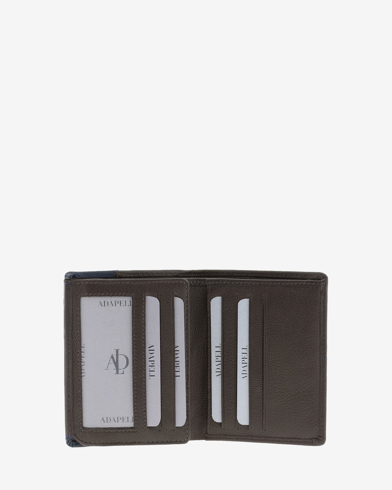 Cartera de hombre de piel genuina en color marrón, vista interior mostrando compartimentos para billetes, tarjetas 
referencia 1597-2
