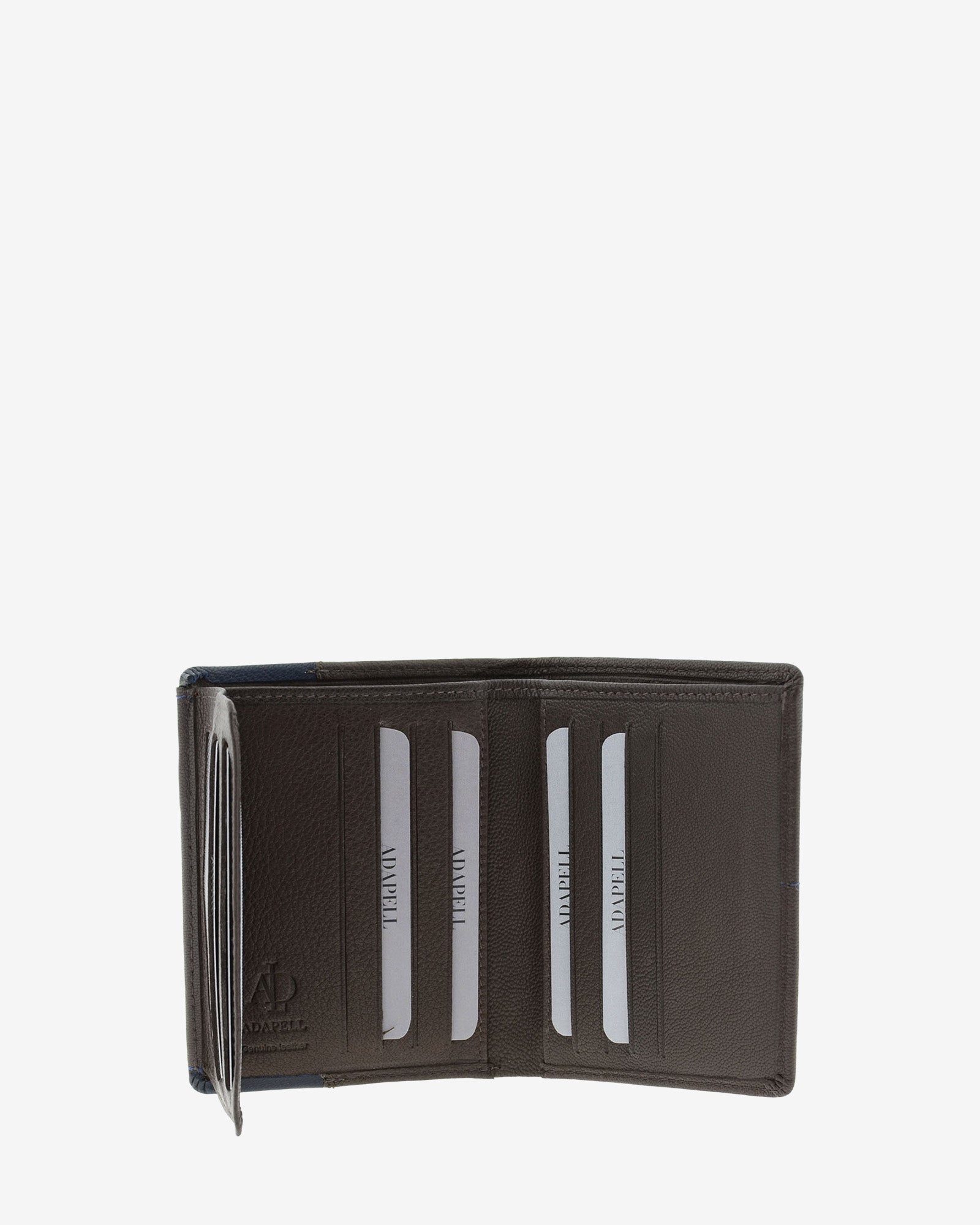 Cartera de hombre de piel genuina en color marrón, vista interior abierta mostrando compartimentos para billetes y tarjetas, referencia 1597-2
