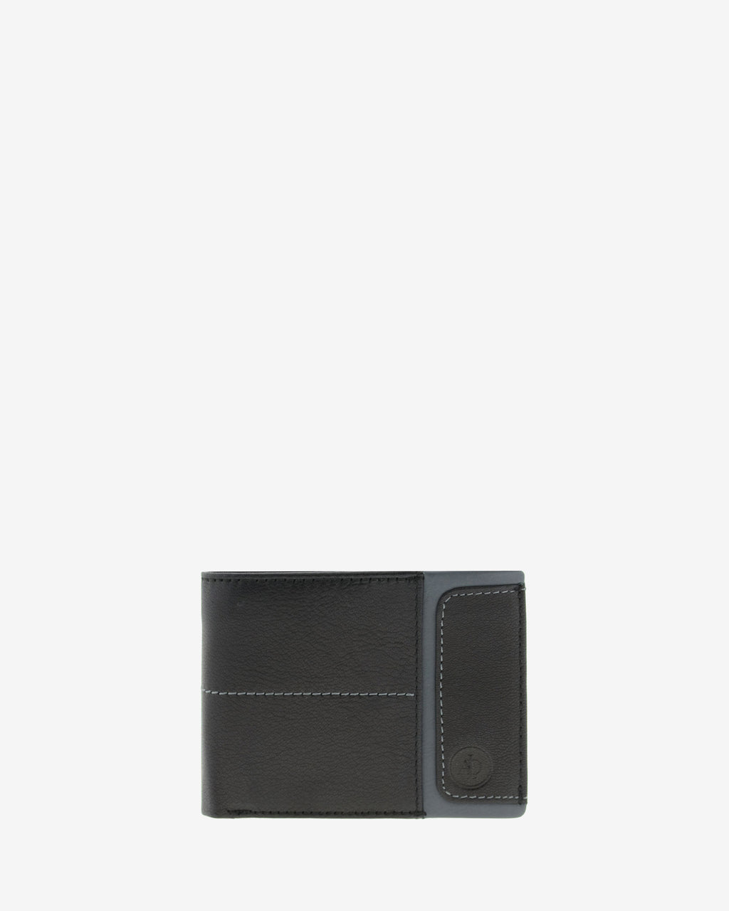 Cartera de hombre de piel genuina en color negro con detalle en color gris, de formato horizontal, vista frontal plana, referencia 1598-1