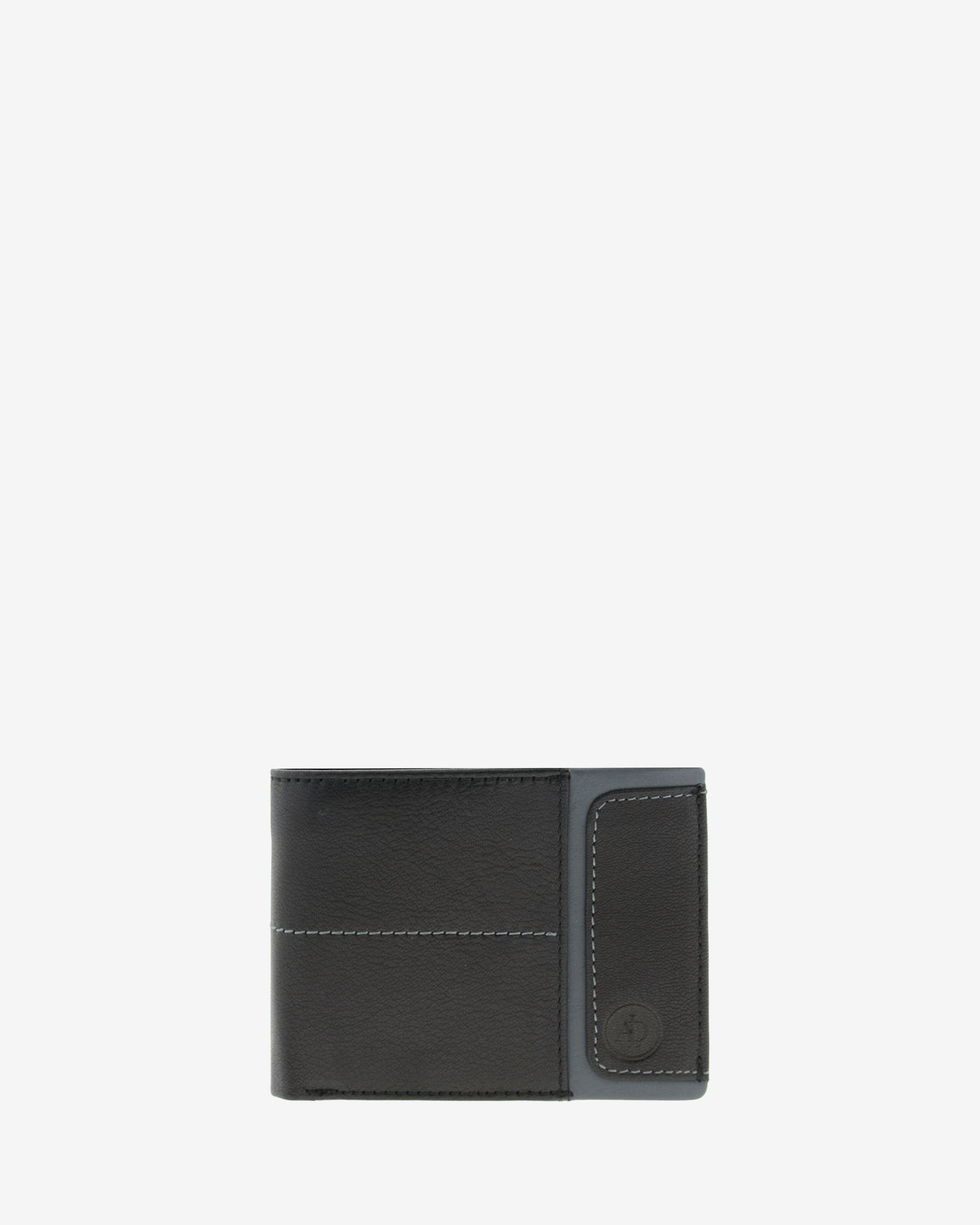 Cartera de hombre de piel genuina en color negro con detalle en color gris, de formato horizontal, vista frontal plana, referencia 1598-1