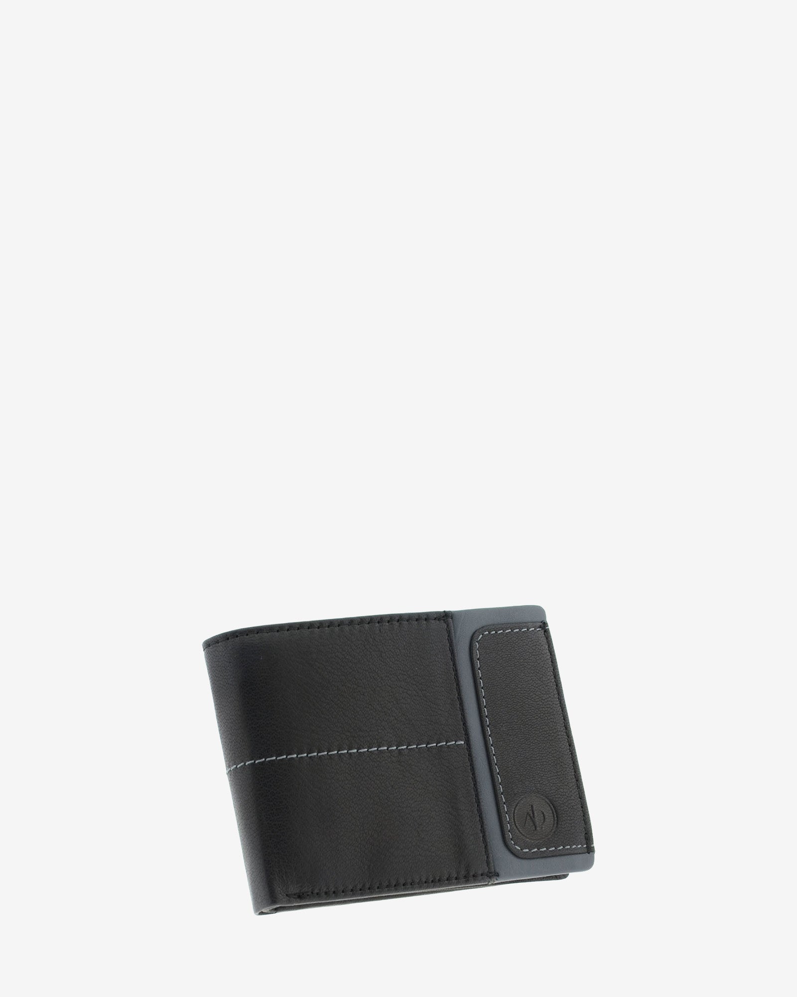 Cartera de hombre de piel genuina en color negro con detalle en color gris, de formato horizontal, vista frontal mostrando diseño y volumen, referencia 1598-1