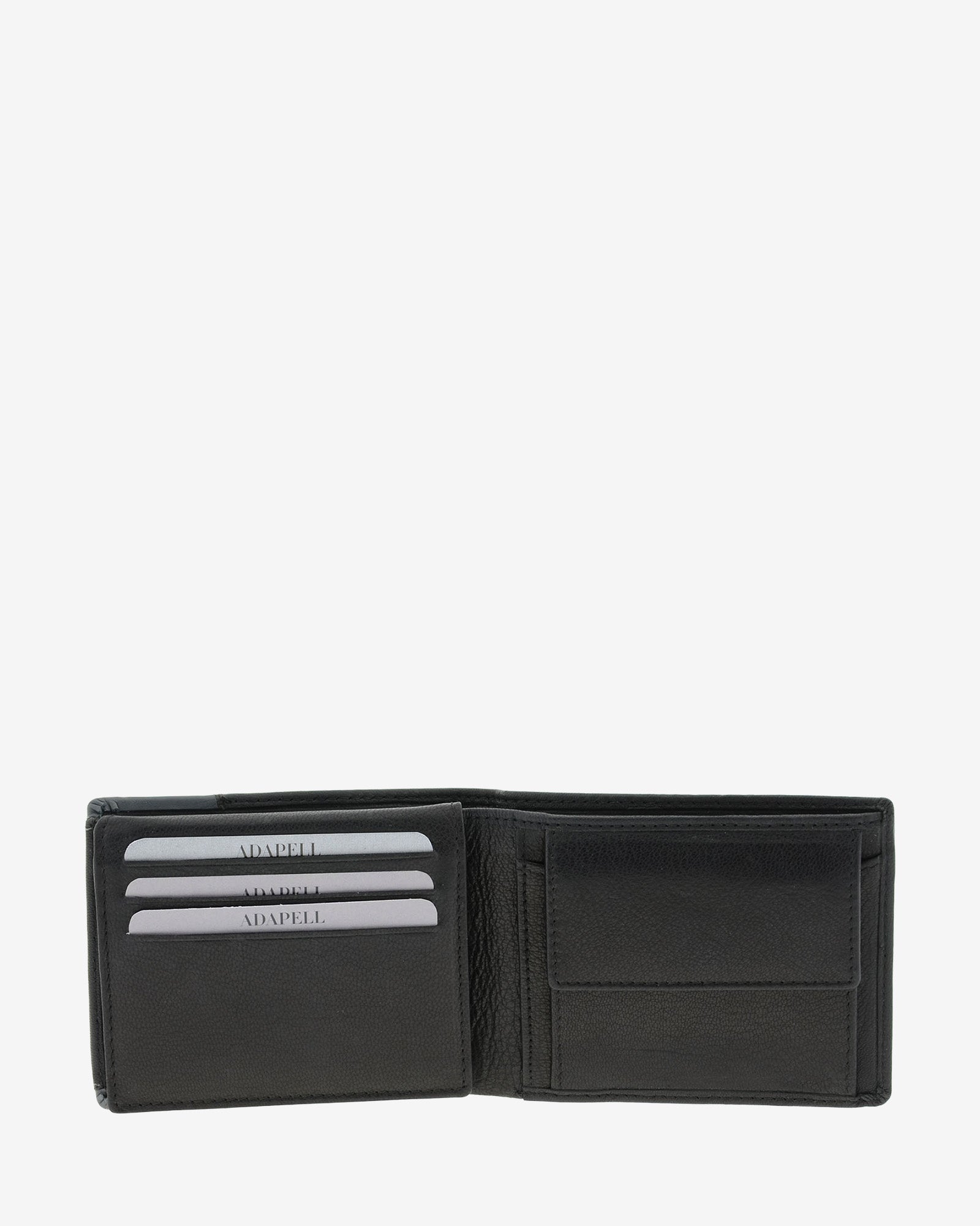 Cartera de hombre de piel genuina en color negro, de formato horizontal, vista interior mostrando compartimentos para billetes, tarjetas y monedero, referencia 1598-1