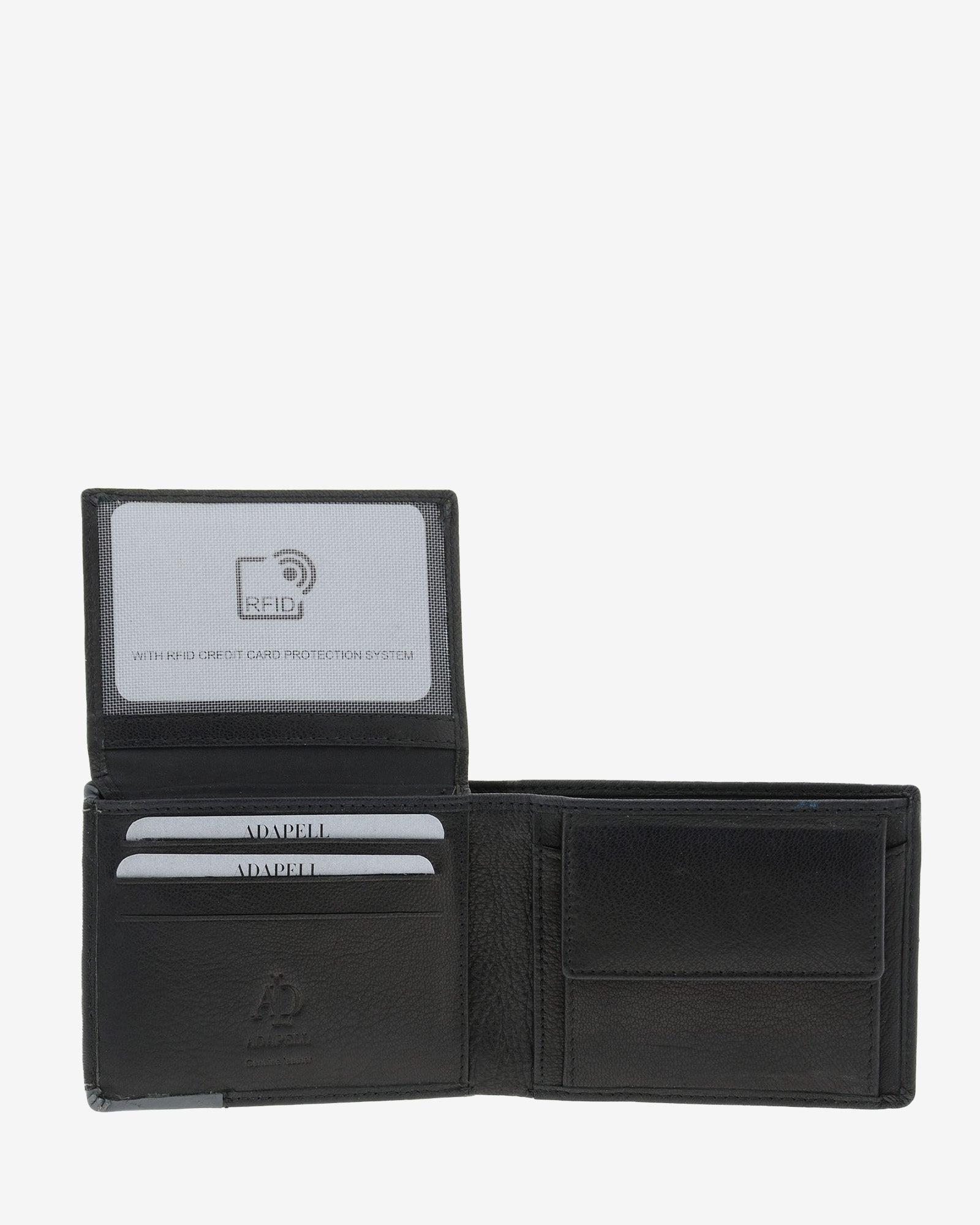 Cartera de hombre de piel genuina en color negro, de formato horizontal, vista interior abierta mostrando compartimentos para billetes, tarjetas y monedero, referencia 1598-1