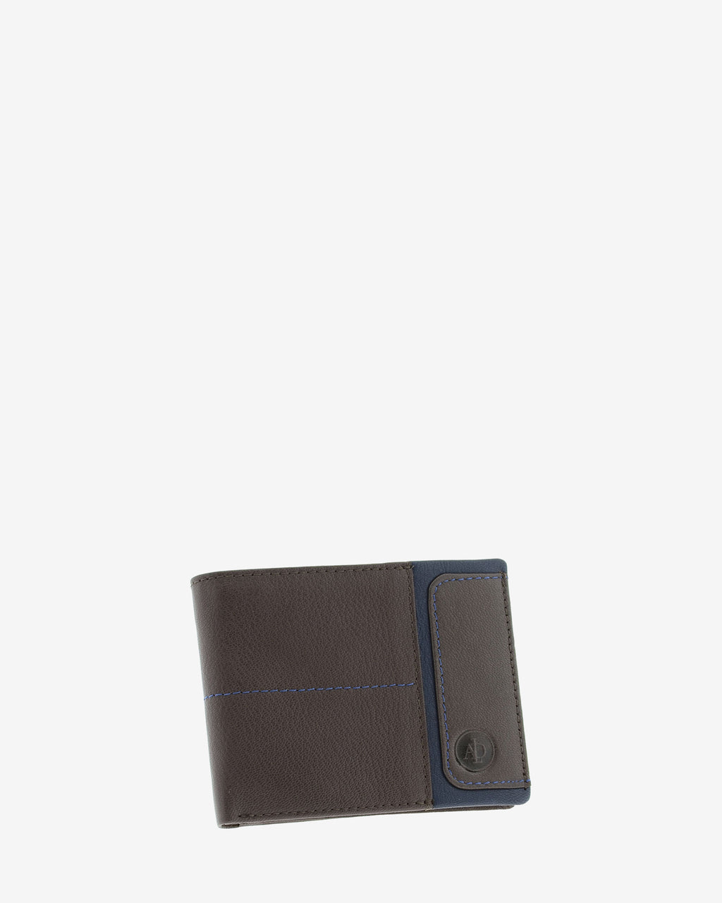 Cartera de hombre de piel genuina en color marrón con detalle en color marino, de formato horizontal, vista frontal mostrando diseño y volumen, referencia 1598-2