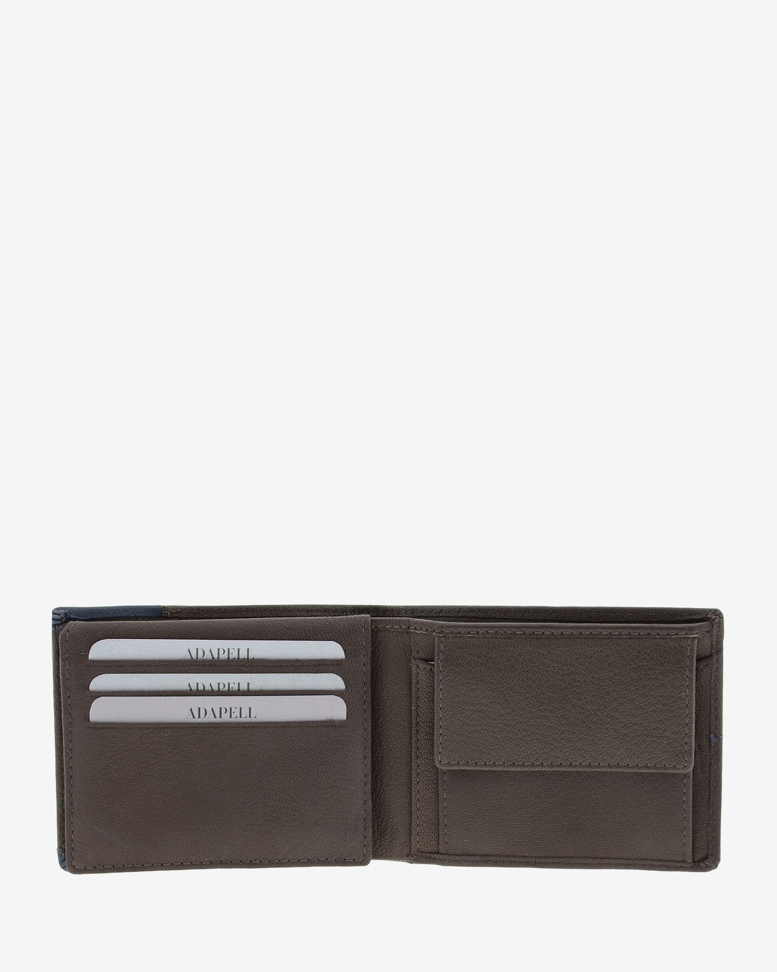 Cartera de hombre de piel genuina en color marrón, de formato horizontal, vista interior mostrando compartimentos para billetes, tarjetas y monedero, referencia 1598-2