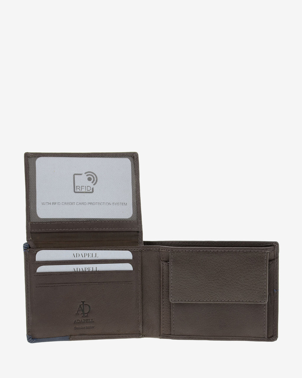 Cartera de hombre de piel genuina en color marrón, de formato horizontal, vista interior abierta mostrando compartimentos para billetes, tarjetas y monedero, referencia 1598-2