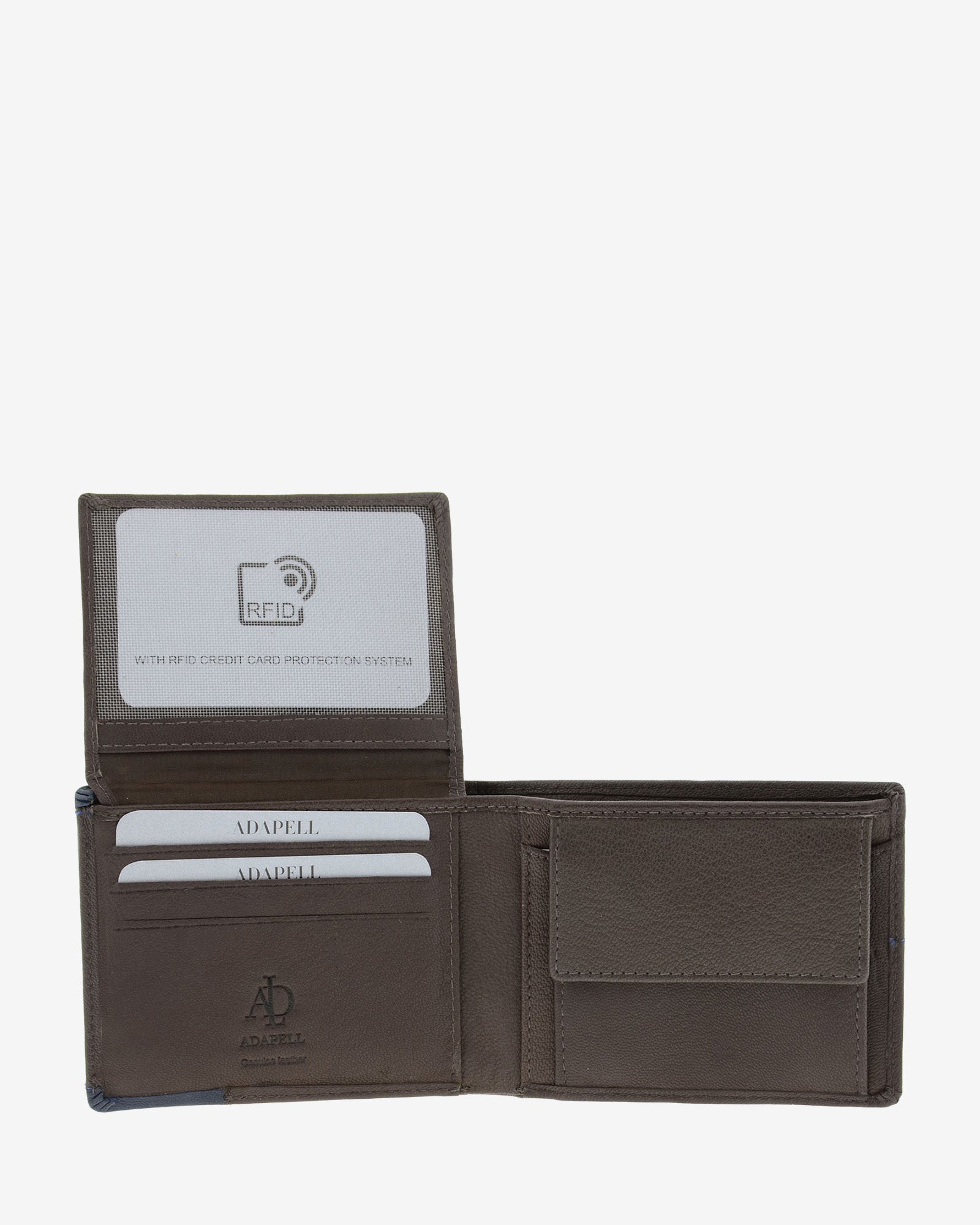 Cartera de hombre de piel genuina en color marrón, de formato horizontal, vista interior abierta mostrando compartimentos para billetes, tarjetas y monedero, referencia 1598-2