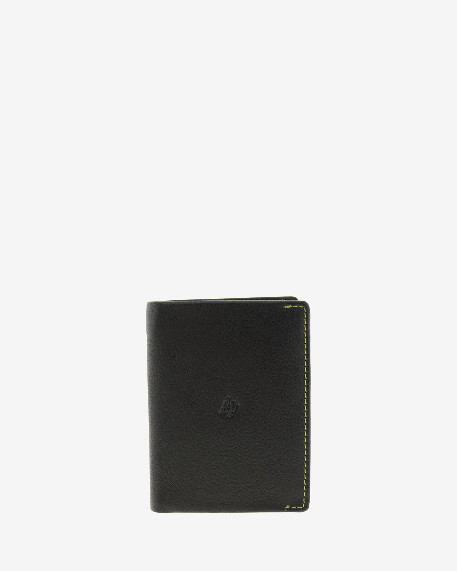 Cartera de hombre de piel genuina en color negro de diseño ultrafino con cosido verde a contraste, vista frontal plana, referencia 1600-1