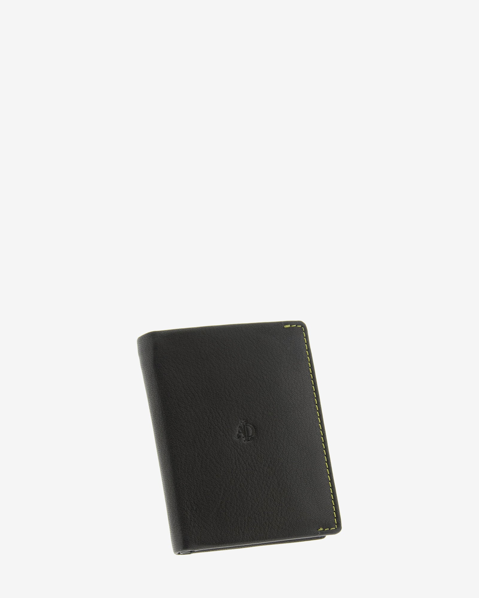 Cartera de hombre de piel genuina en color negro de diseño ultrafino con cosido verde a contraste, vista frontal mostrando diseño y volumen, referencia 1600-1
