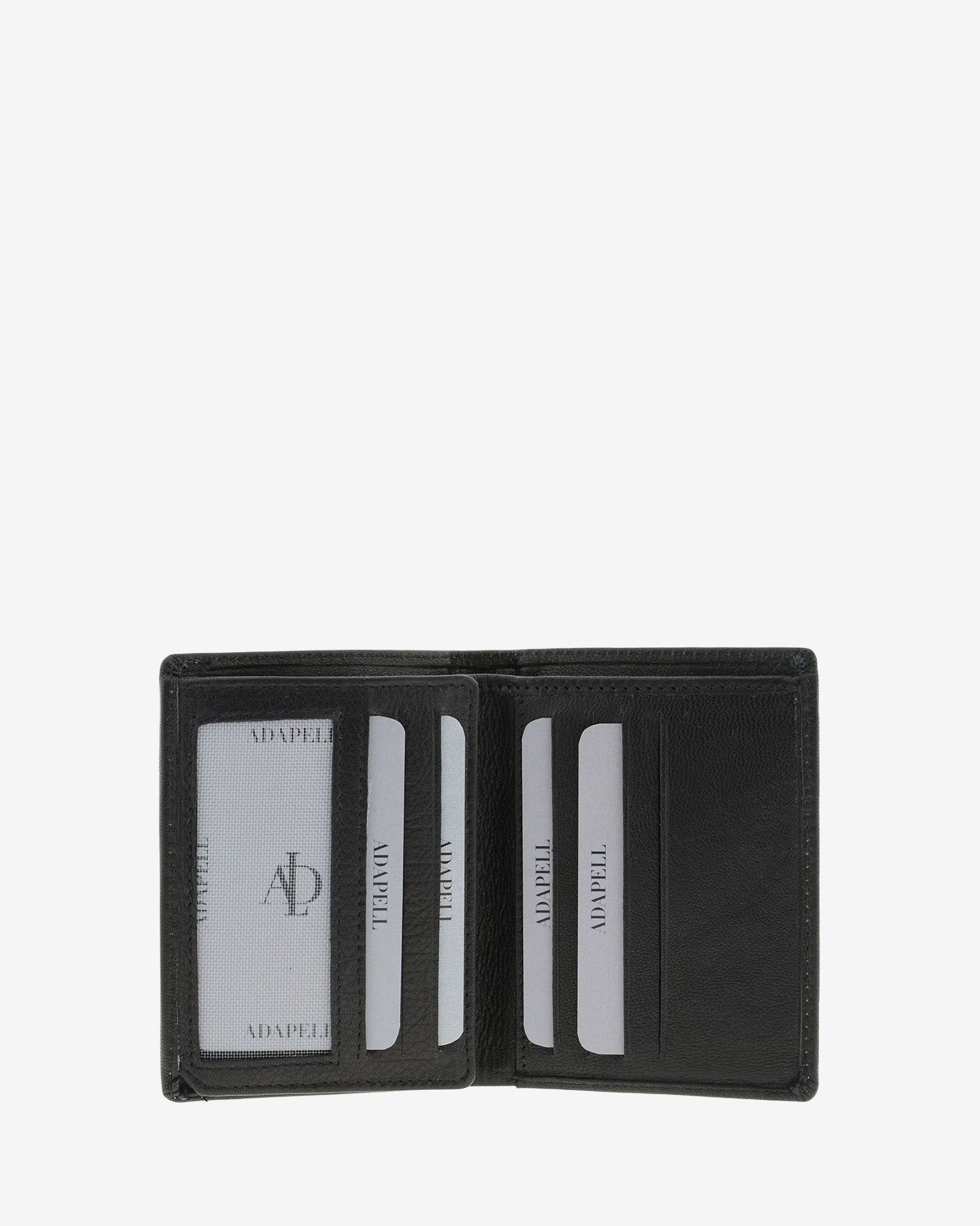 Cartera de hombre de piel genuina en color negro de diseño ultrafino con cosido verde a contraste, vista interior mostrando compartimentos para tarjetas y billetes, referencia 1600-1
