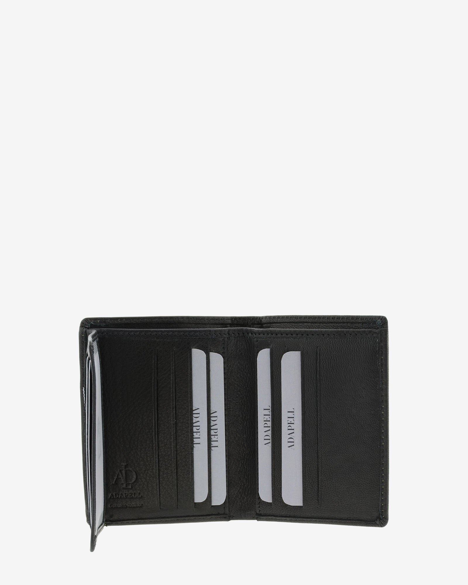 Cartera de hombre de piel genuina en color negro de diseño ultrafino con cosido verde a contraste, vista interior abierta mostrando compartimentos para tarjetas y billetes, referencia 1600-1