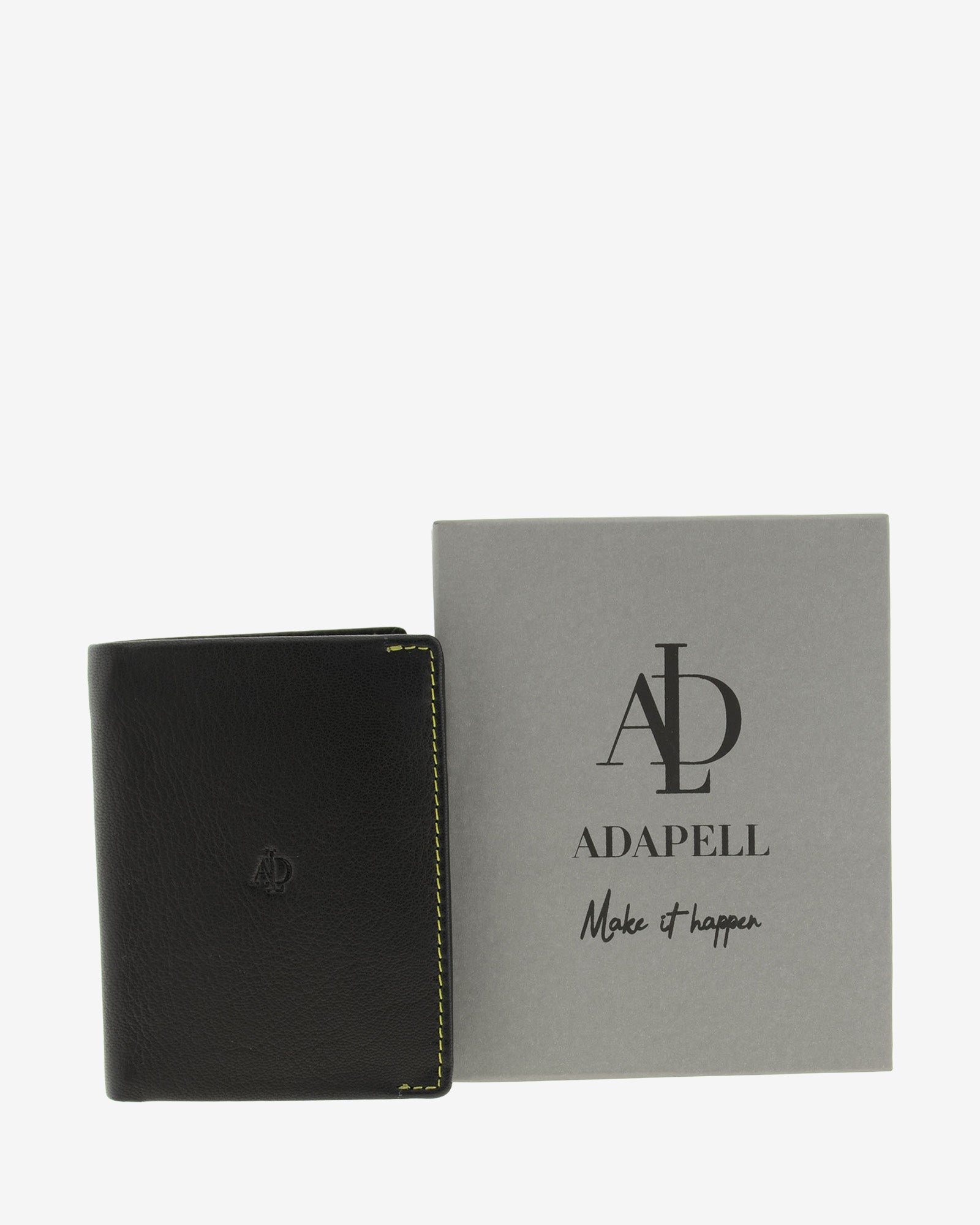 Cartera de hombre de piel genuina en color negro de diseño ultrafino con cosido verde a contraste, vista frontal y caja de regalo, referencia 1600-1