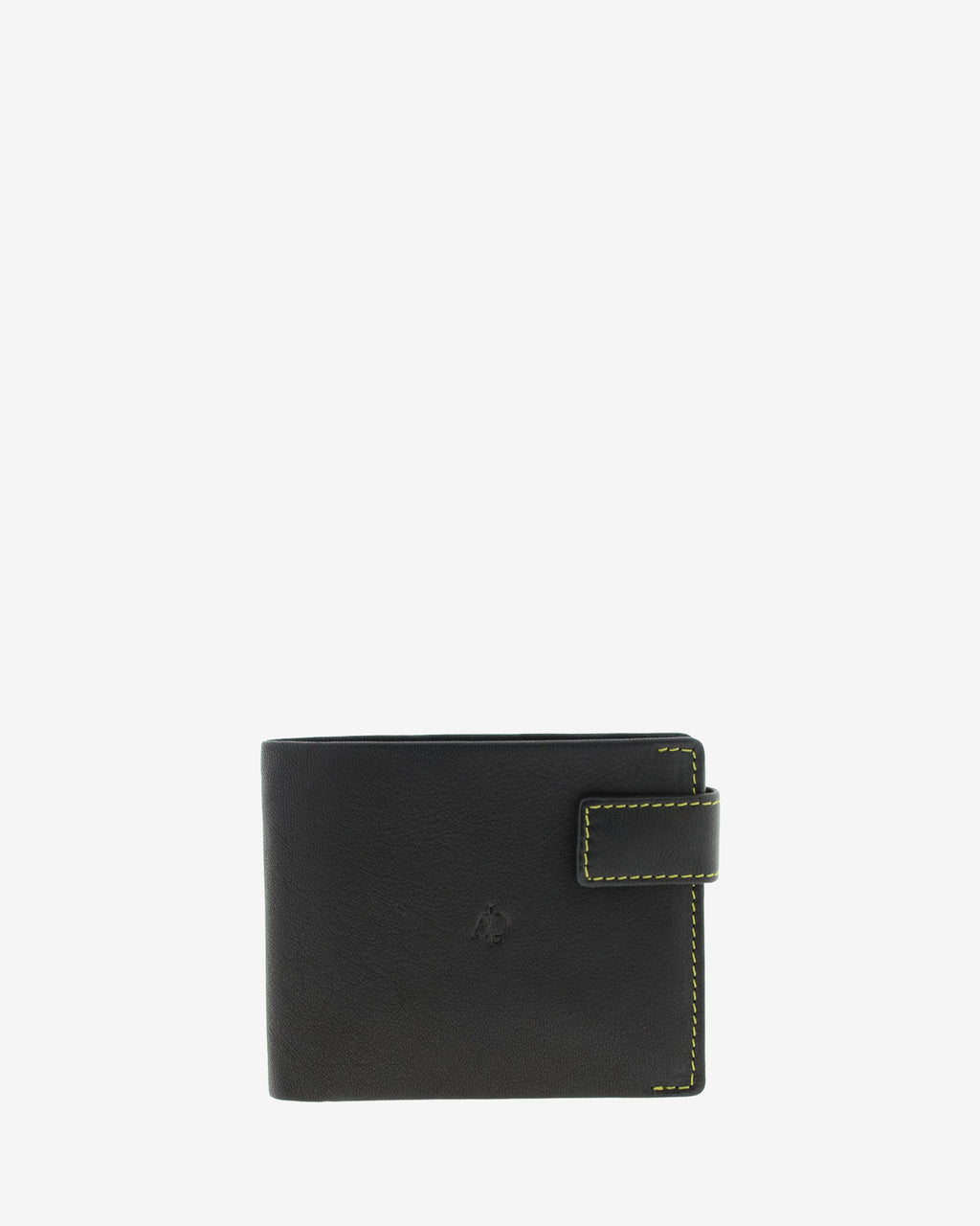 Cartera de hombre de piel genuina en color negro de diseño ultrafino con cosido verde a contraste, vista frontal plana, referencia 1601-1