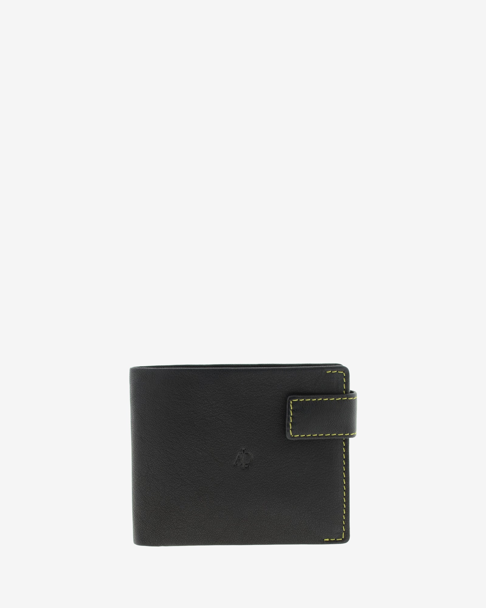 Cartera de hombre de piel genuina en color negro de diseño ultrafino con cosido verde a contraste, vista frontal plana, referencia 1601-1