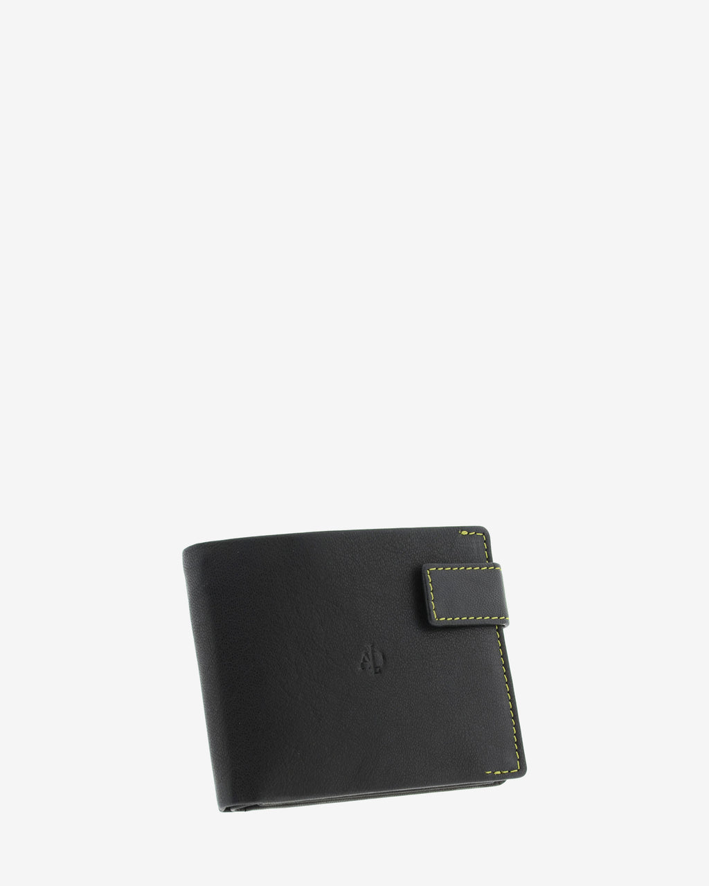 Cartera de hombre de piel genuina en color negro de diseño ultrafino con cosido verde a contraste, vista frontal mostrando cierre de botón, diseño y volumen, referencia 1601-1