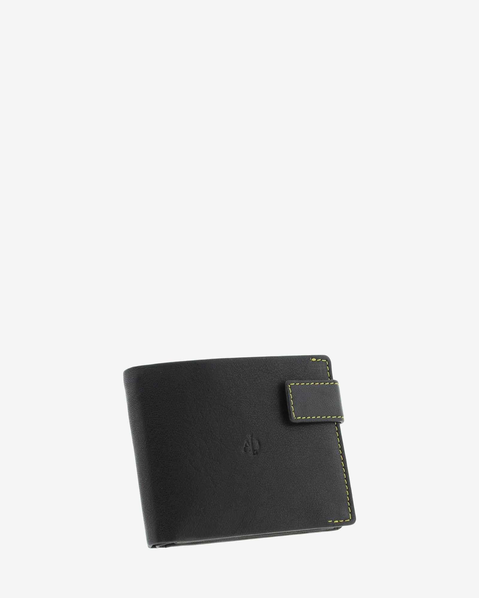 Cartera de hombre de piel genuina en color negro de diseño ultrafino con cosido verde a contraste, vista frontal mostrando cierre de botón, diseño y volumen, referencia 1601-1