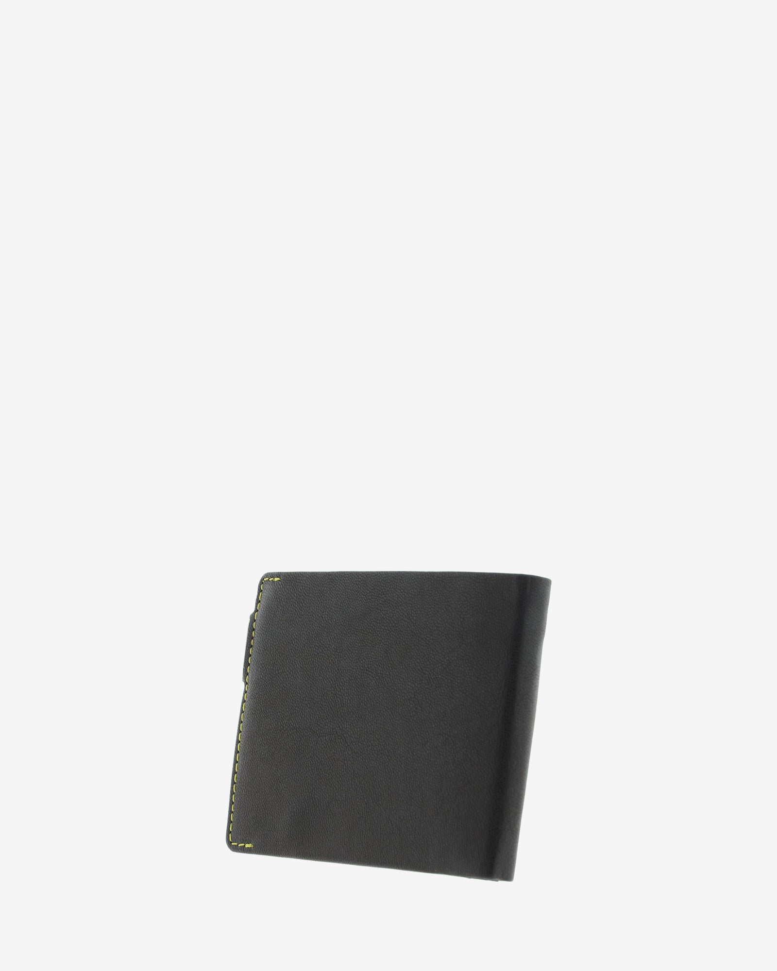 Cartera de hombre de piel genuina en color negro de diseño ultrafino con cosido verde a contraste, vista trasera, referencia 1601-1
