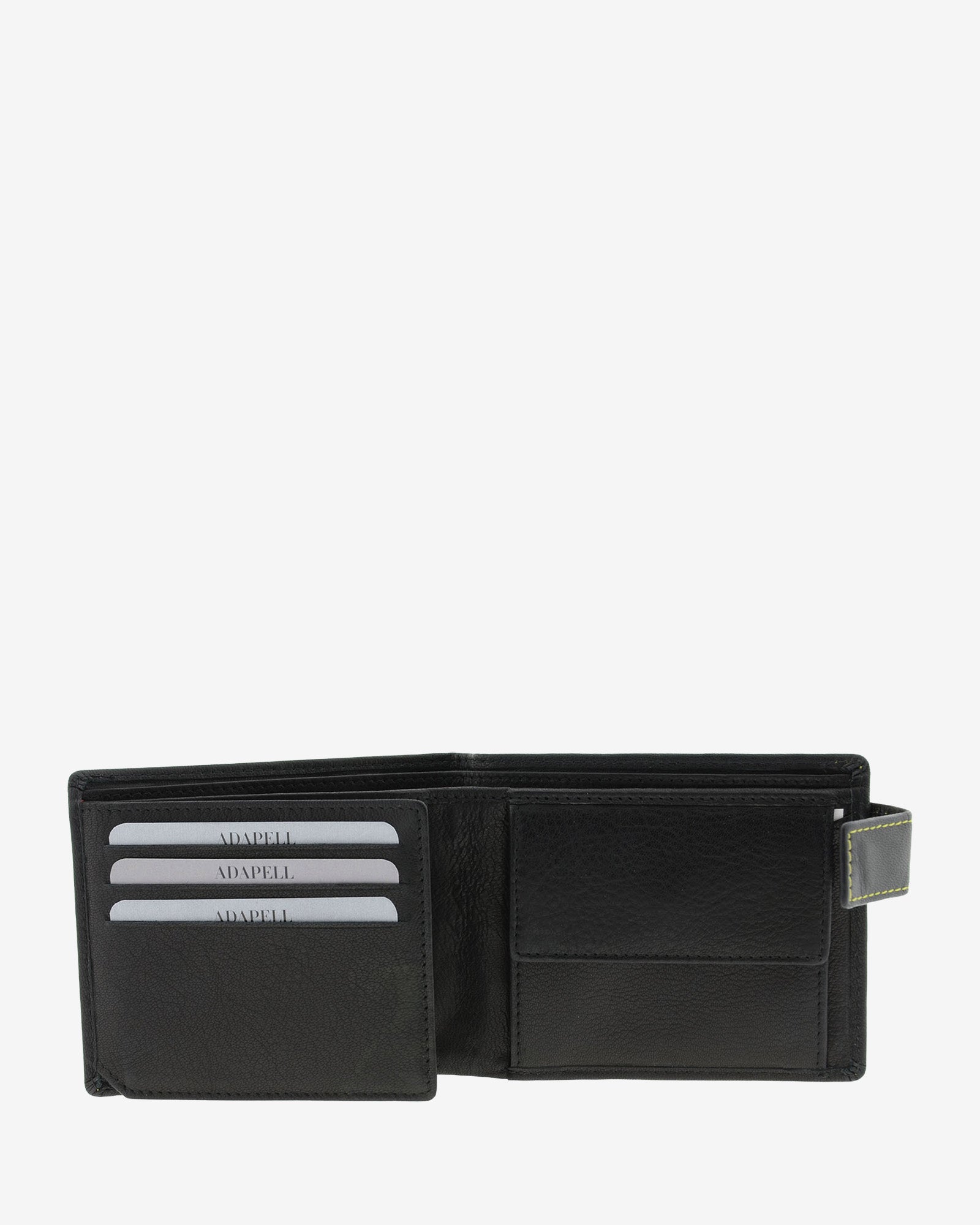 Cartera de hombre de piel genuina en color negro de diseño ultrafino con cosido verde a contraste, vista interior mostrando compartimentos para tarjetas y billetes, referencia 1601-1