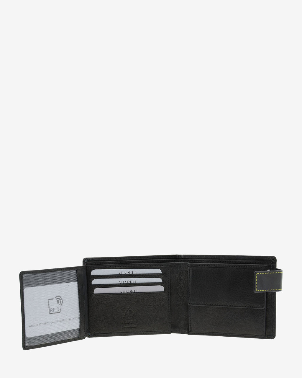 Cartera de hombre de piel genuina en color negro de diseño ultrafino con cosido verde a contraste, vista interior abierta mostrando compartimentos para tarjetas y billetes, referencia 1601-1
