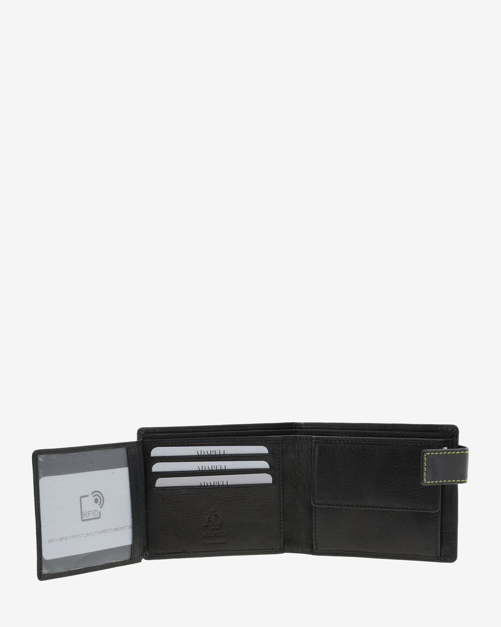 Cartera de hombre de piel genuina en color negro de diseño ultrafino con cosido verde a contraste, vista interior abierta mostrando compartimentos para tarjetas y billetes, referencia 1601-1