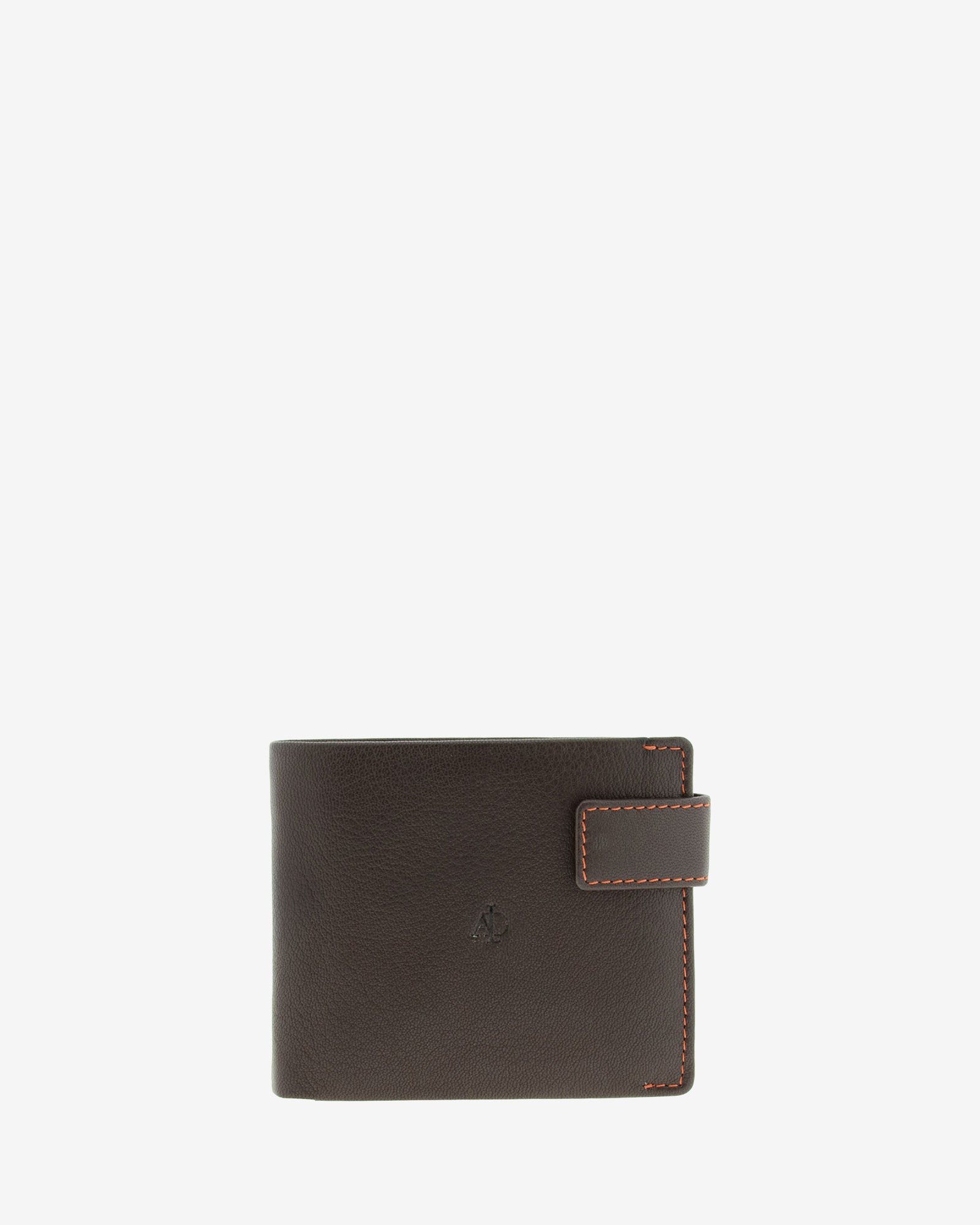 Cartera de hombre de piel genuina en color marrón de diseño ultrafino con cosido naranja a contraste y cierre de botón, vista frontal plana, referencia 1601-2
