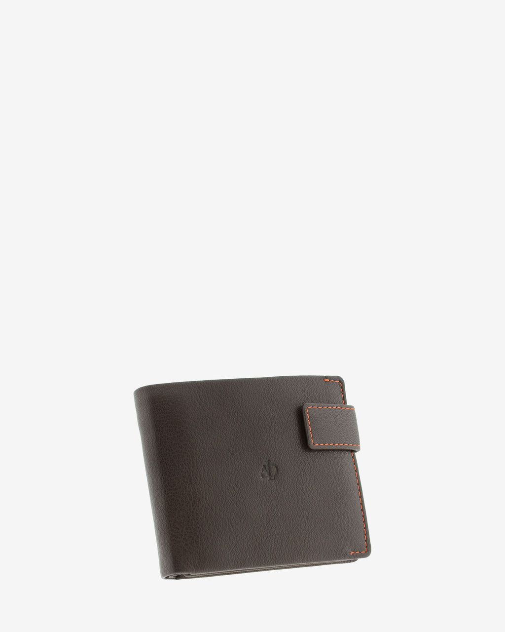 Cartera de hombre de piel genuina en color marrón de diseño ultrafino con cosido naranja a contraste, de formato horizontal, vista frontal mostrando cierre de botón, diseño y volumen, referencia 1601-2