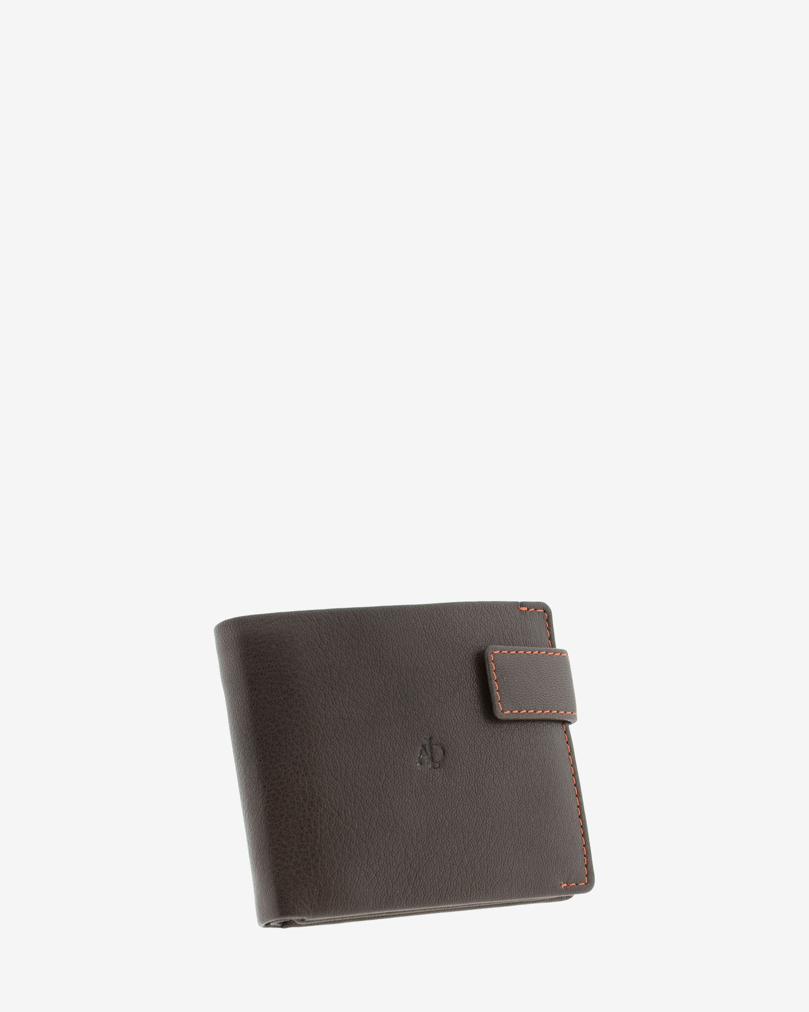 Cartera de hombre de piel genuina en color marrón de diseño ultrafino con cosido naranja a contraste, de formato horizontal, vista frontal mostrando cierre de botón, diseño y volumen, referencia 1601-2