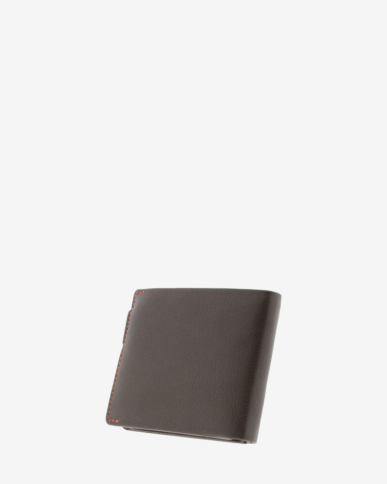 Cartera de hombre de piel genuina en color marrón de diseño ultrafino con cosido naranja a contraste, vista trasera, referencia 1601-2